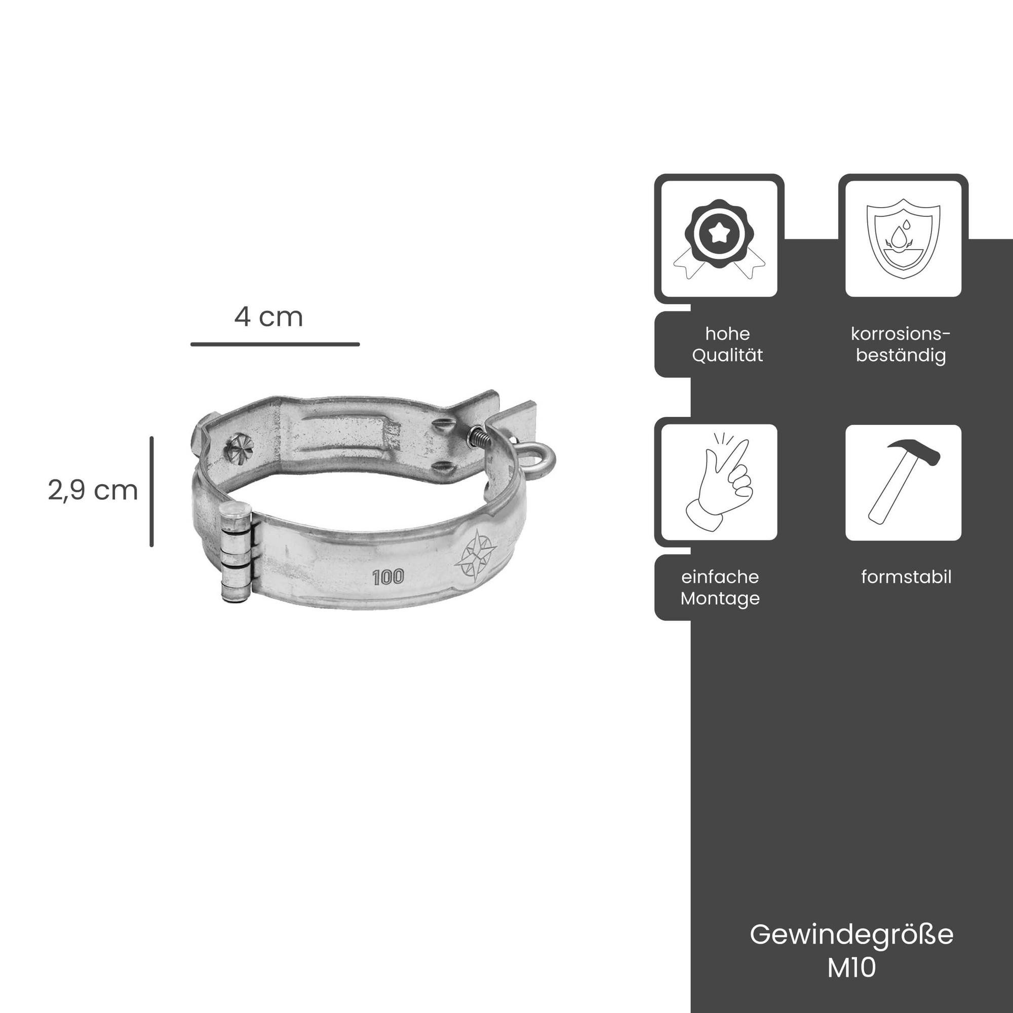 Zambelli Regenfallrohr, (Rohrschelle mit Gewindemuffe verzinkt DN 80 /M10 Silber), Fallrohrschelle, Rohrhalterung hoher Korrosionsschutz