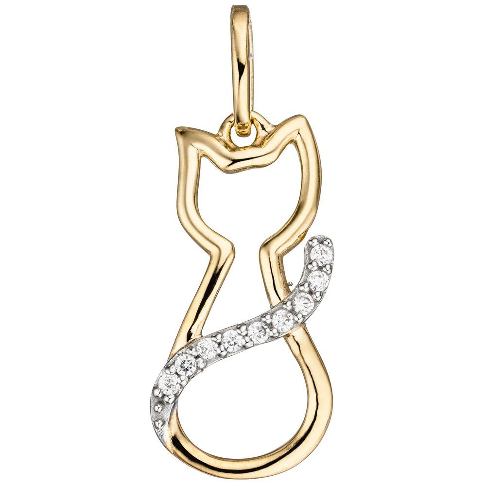 weißen Kettenanhänger Katzensilhouette Gold 333 Damen, Schmuck Anhänger Zirkonia Gelbgold mit Katze Krone Gold 333