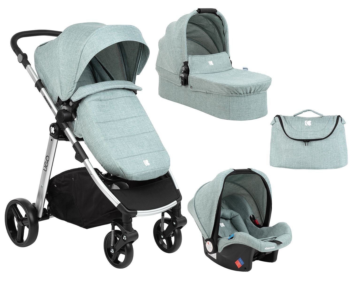 Kikkaboo Kombi-Kinderwagen Kinderwagen 3 in 1 Ugo, Autositz Tragetasche  Sportsitz Griff einstellbar