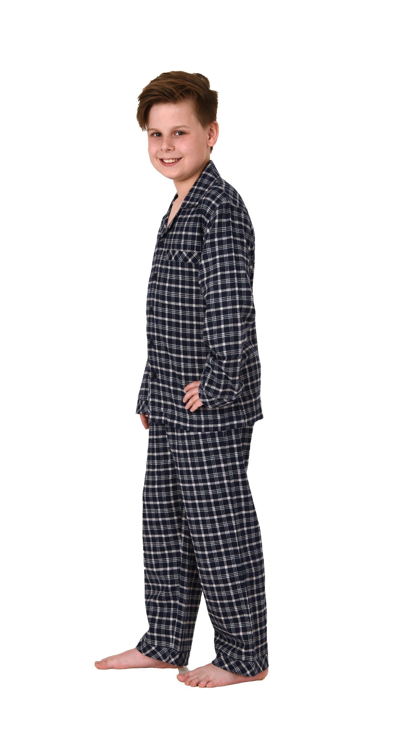 in Schlafanzug knöpfen Flanell Normann grau Pyjama Optik Jungen zum Pyjama langarm Karo