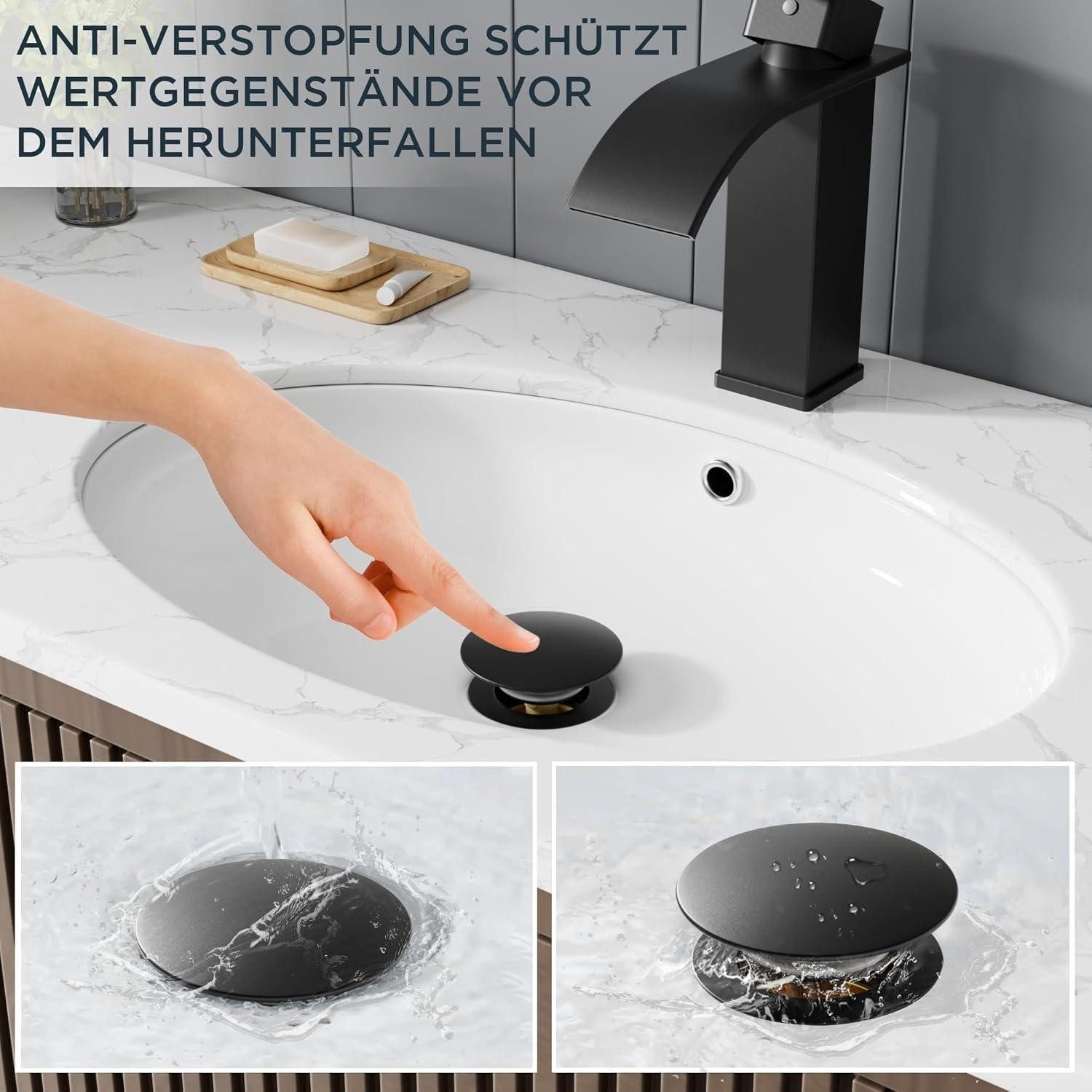 LuxusKollektion Waschtischarmatur Waschtischarmatur Wasserfall Ablaufgarnitur Schwarz 110mm Matt-schwarz – Bild 2 von 5