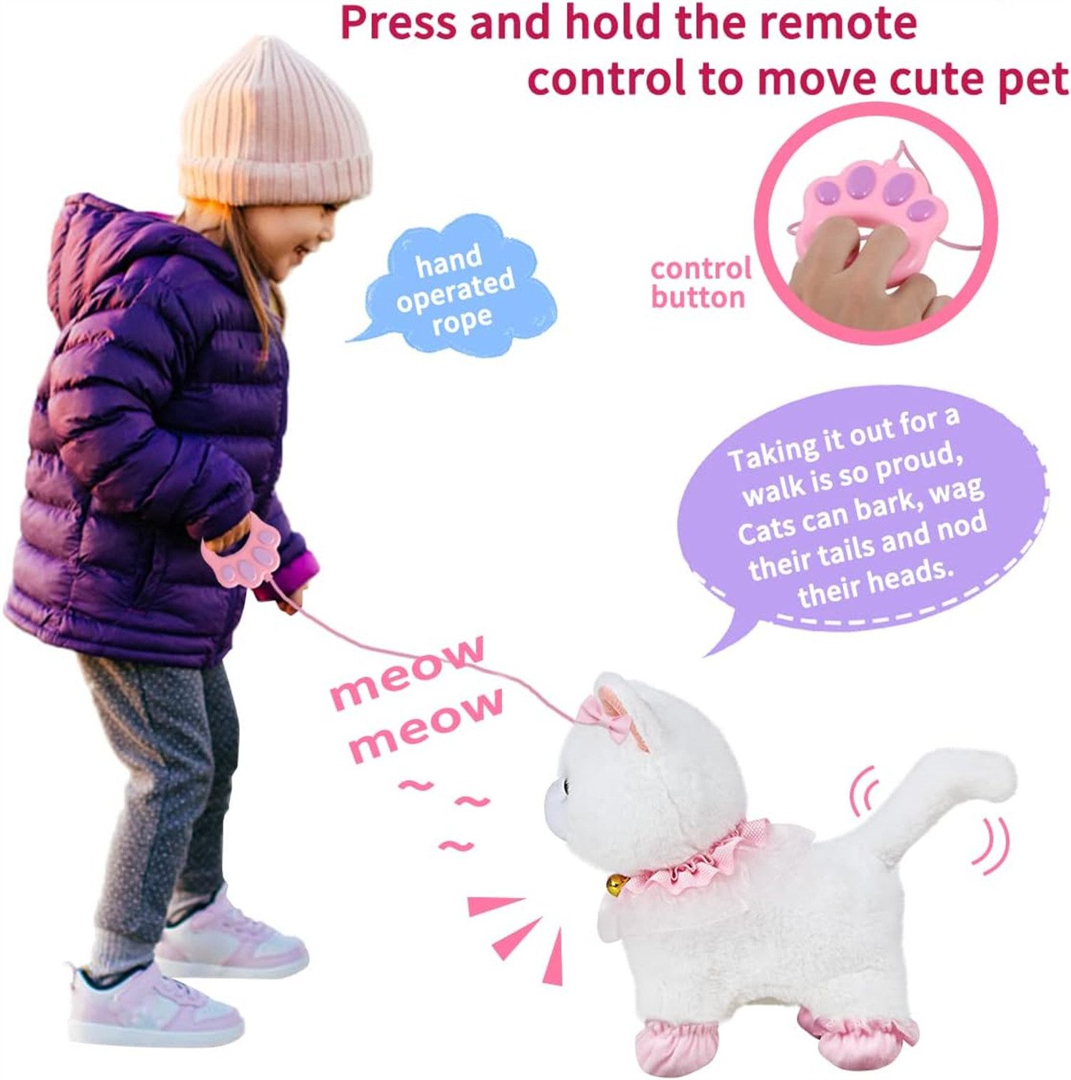 XDOVET Kuscheltier Elektronisches Interaktives Plüschtier mit Fernbedienung, Realistisches Hunde-/Katzeneinhorn - Rennt, Bellt, Wedelt Katze