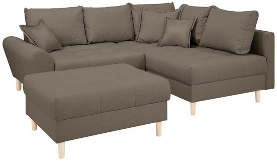 HOME AFFAIRE Ecksofa RICE, Set, mit Hocker, Massivholzfüße und Federkernpolsterung Struktur fein Macchiato