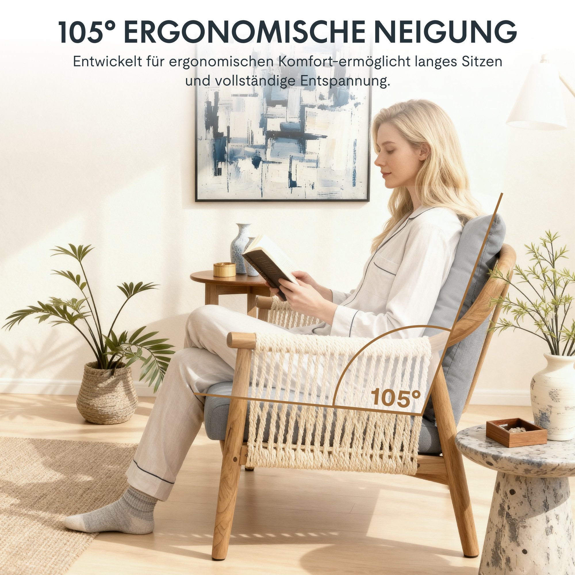 FLEXISPOT Loungesessel Gartenstuhl, Akzentstuhl handgeflochten AC3 (Boho Rattanstuhl mit atmungsaktivem Design Beige), Vielseitiger Indoor & Outdoor Gartenstuhl mit komfortablen Kissen