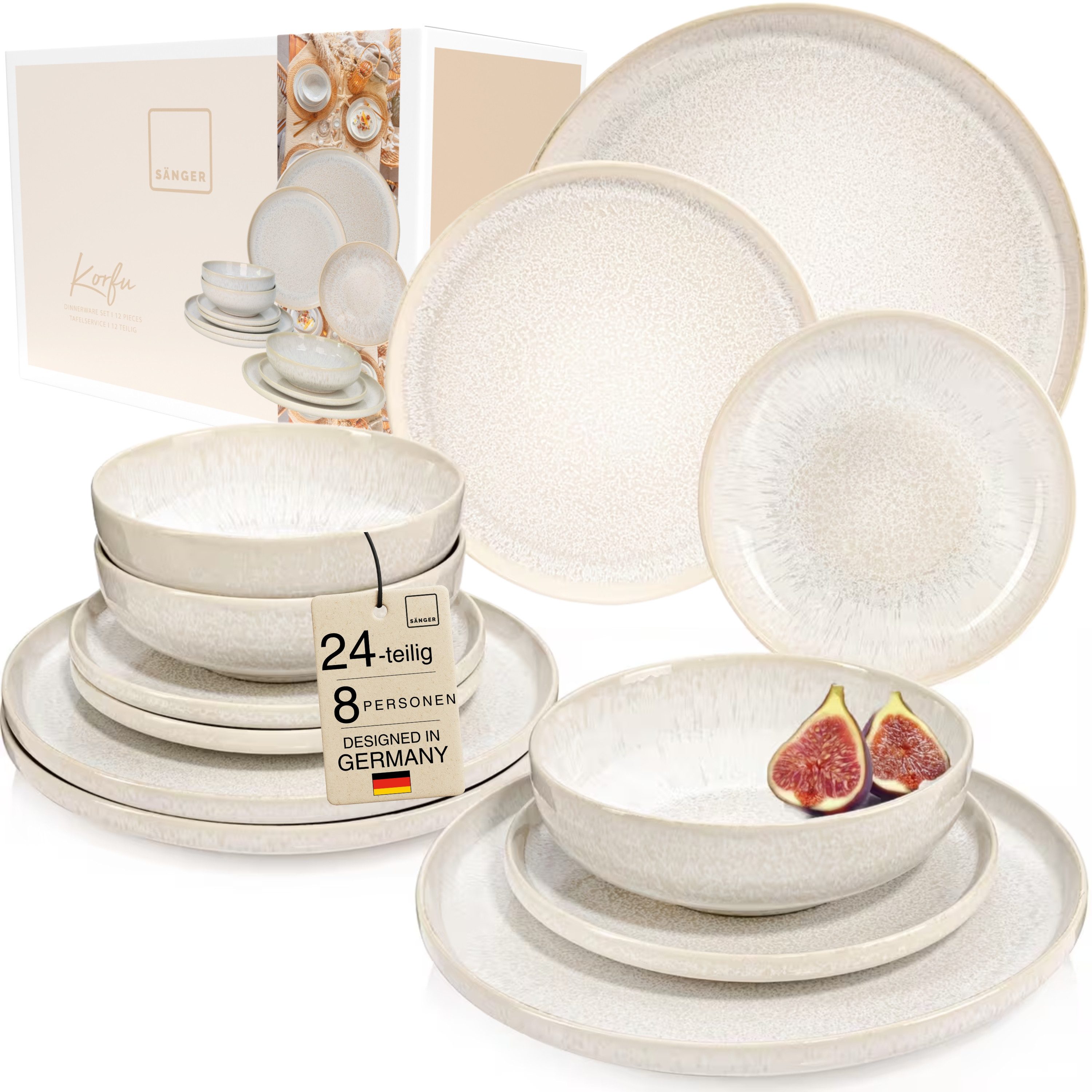 SÄNGER Geschirr-Set Korfu Geschirrset (12, 16, 24, 36 Teile) (24-tlg), 8 Personen, Steingut, Creme Beige, Handmade, Premium Collection