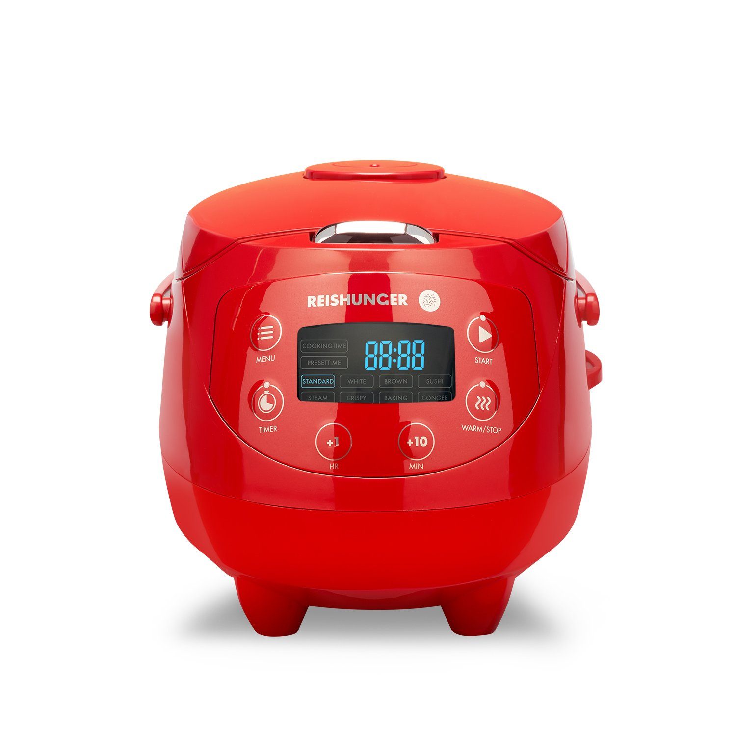 Reishunger Reiskocher - Digitaler Mini Reiskocher, 350 W, Dämpfeinsatz, Messbecher, Reislöffel, Timer- und Warmhaltefunktion Rot
