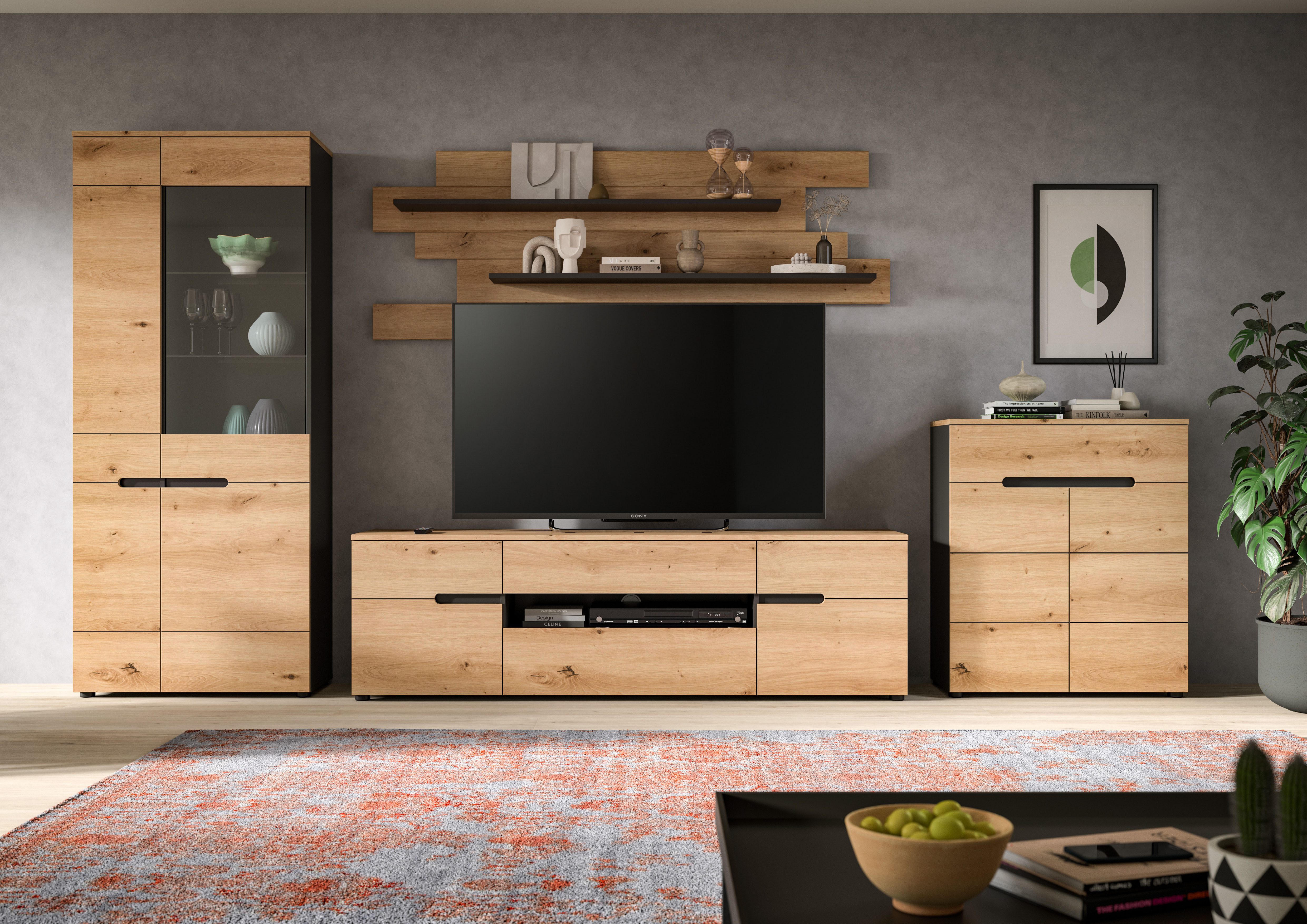 INOSIGN Wohnwand REHAT, TOPSELLER!, 4-teilig, Breite 375 cm, individuell stellbar, (4-St., Set bestehend aus: Vitrine, Lowboard, Wandboard und Kommode), Kombination, Anbauwand, Set, Wohn-Set, Wohnzimmer-Set, Schrankwand