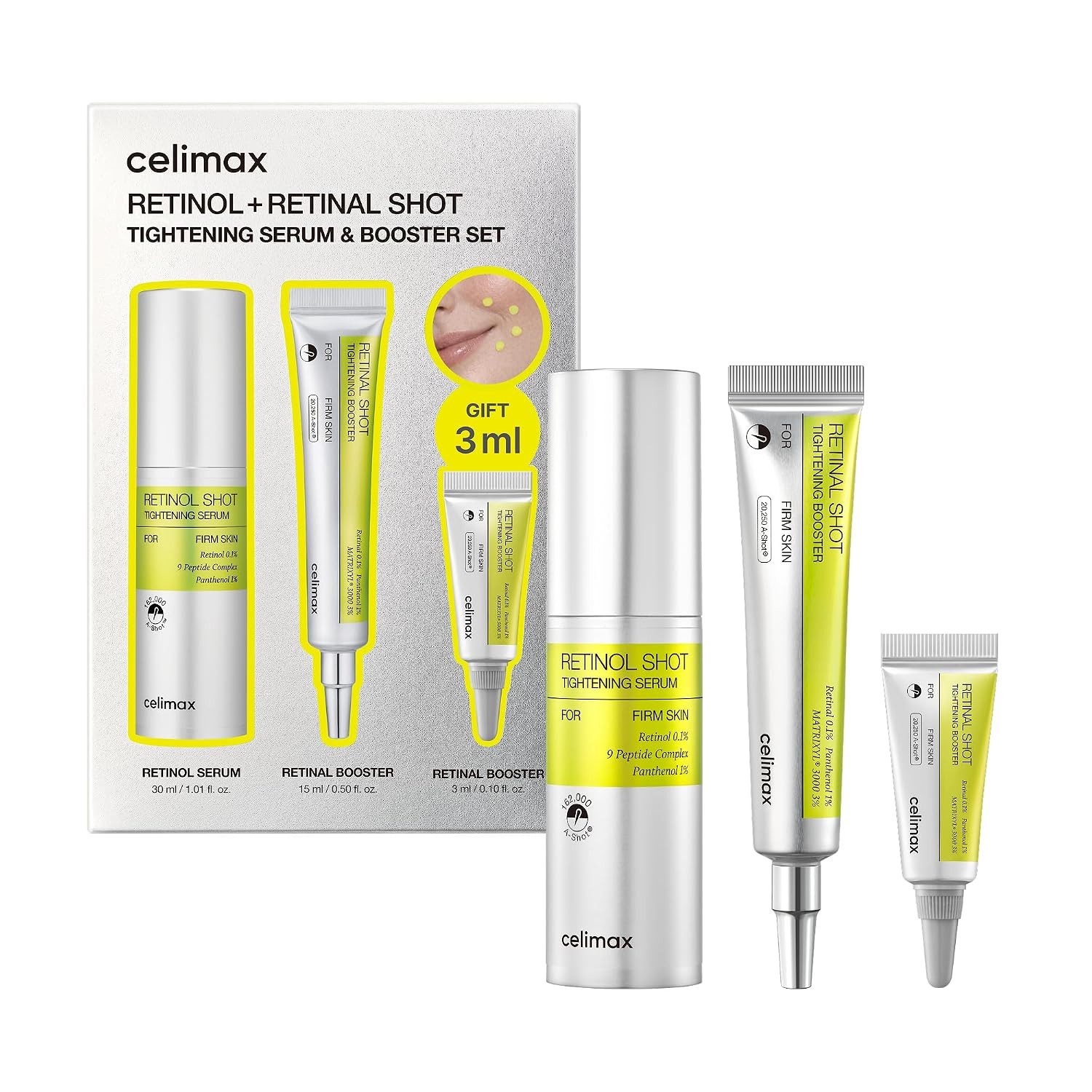 celimax Gesichtspflege-Set Retinol + Retinal Shot Tightening Serum & Booster Set mit Peptiden gegen Falten, feine Linien, sichtbare Poren und ungleichmäßige Hautstruktur, Korean Skincare, 3-tlg., 0,1 % Retinol + 0,1 % Retinal + Peptide