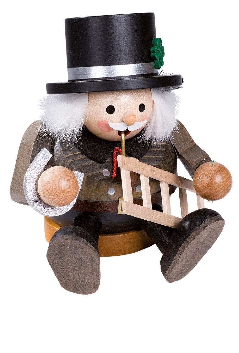 Richard Glaesser Räuchermännchen Essenkehrer / Schronsteinfeger / Glücksbringer sitzend, Höhe 14 cm, Holzkunst original Erzgebirge