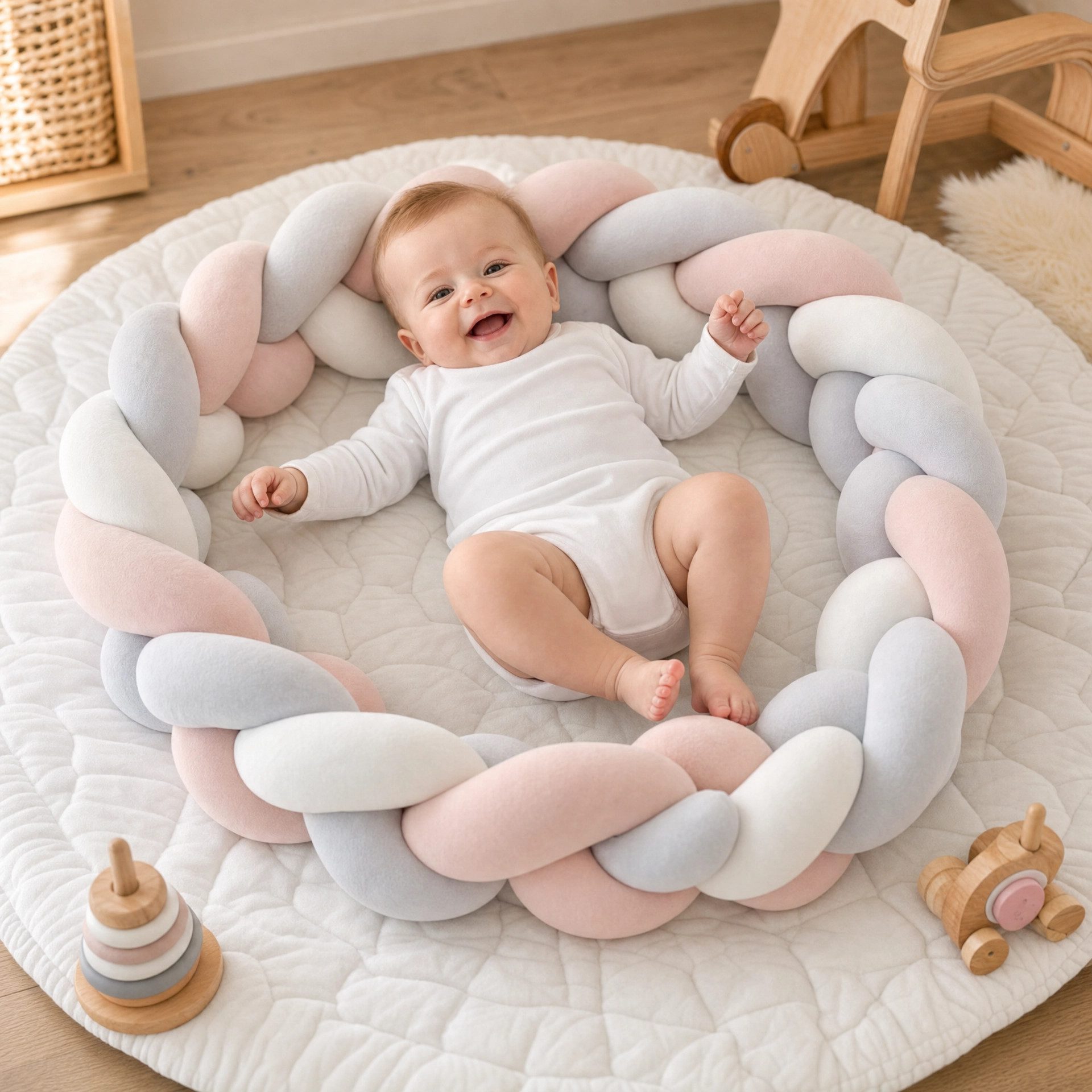 LuMali Nestchenschlange Bettschlange geflochten 210cm Nestchen Bettumrandung Babybett Zopf, Stillkissen Seitenschläfer Velour weich hypoallergen Pastellfarben – Bild 4 von 5
