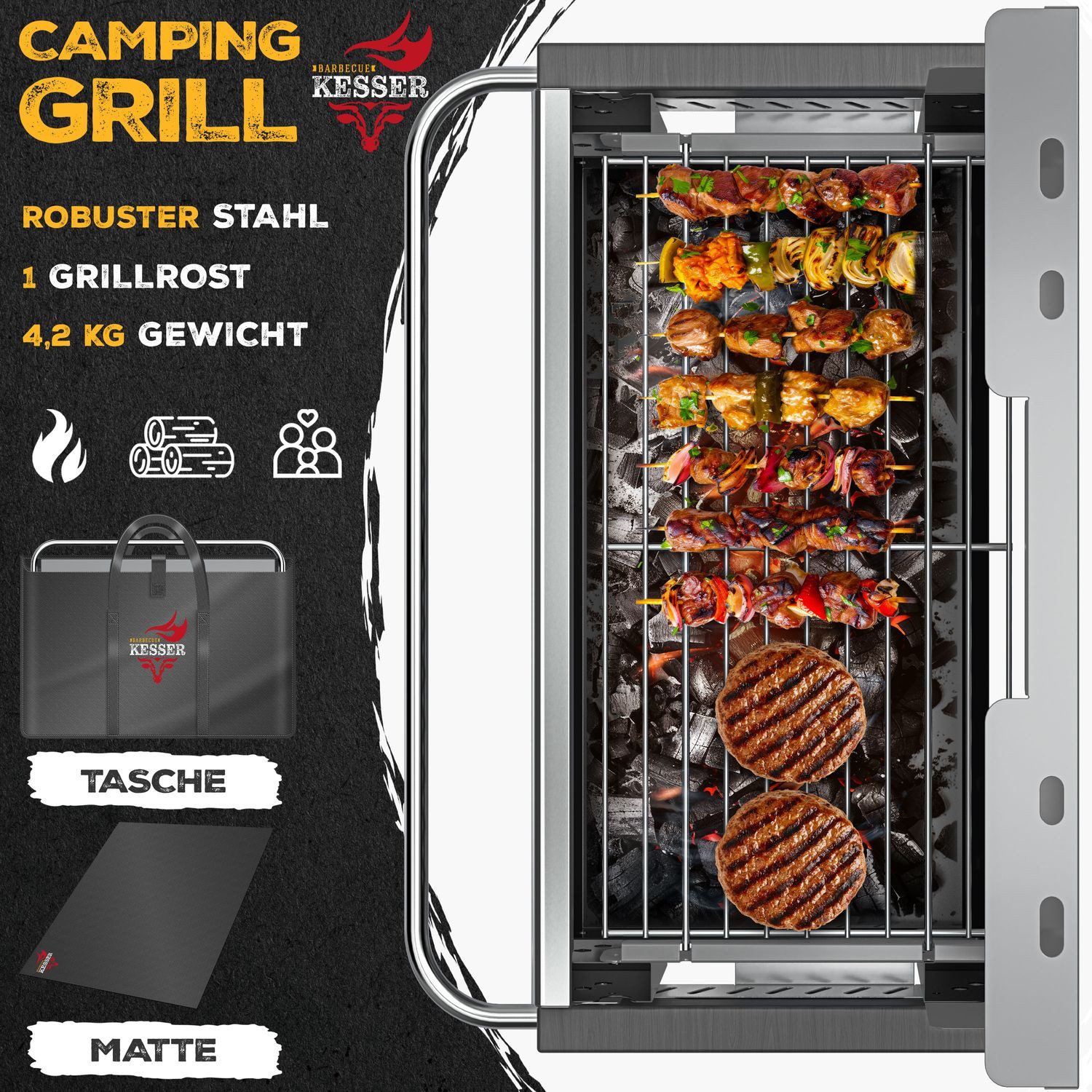 KESSER Holzkohlegrill tragbarer Campinggrill aus pulverbeschichtetem Stahl, Tischgrill Outdoor BBQ ideal für Camping, Picknick & Angeln
