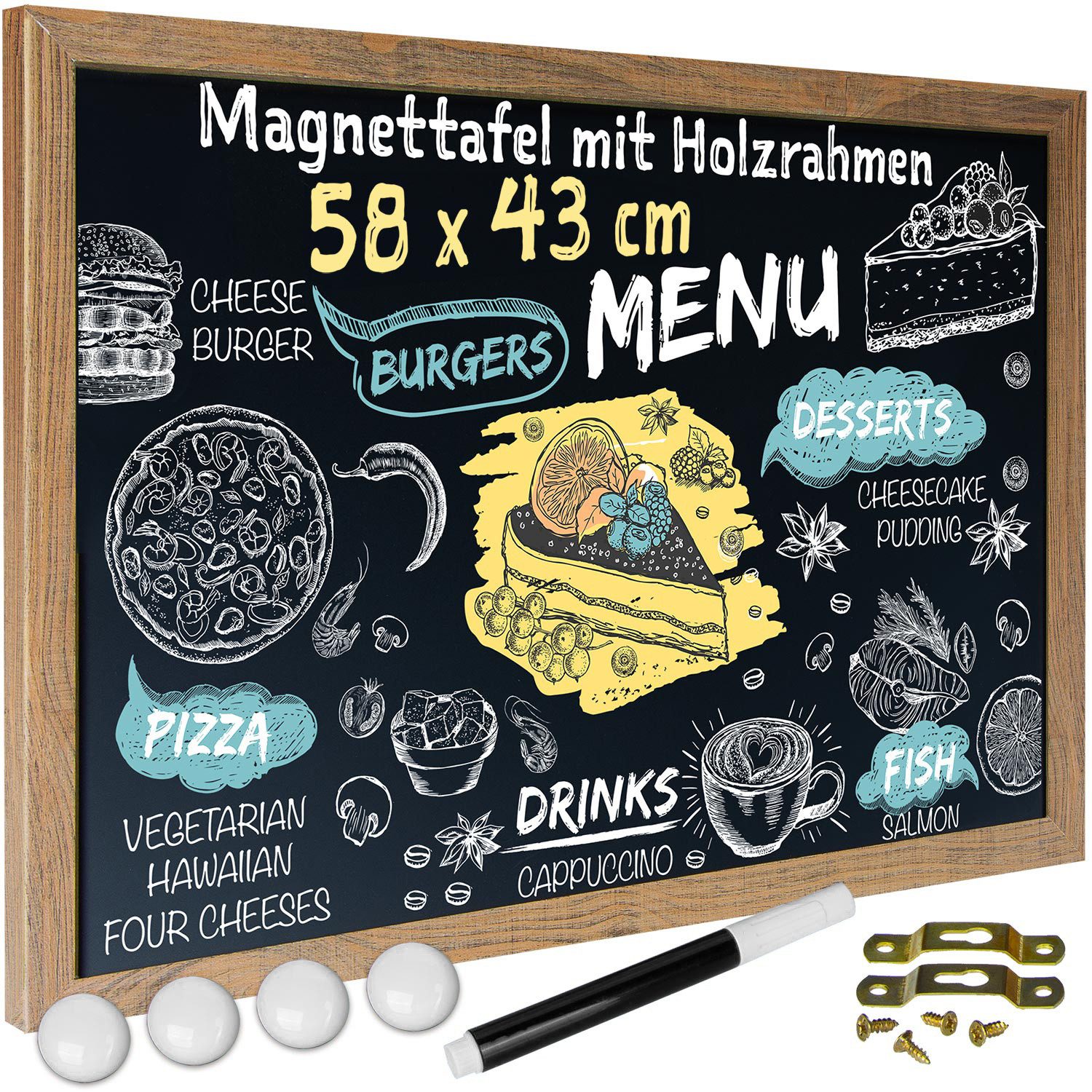 Goods+Gadgets Magnettafel GOODS+GADGETS Magnettafel Holz – Kreidetafel für Küche & Büro, (Magnet-Tafel zum Aufhängen, mit Holz-Rahmen), inkl. Kreidestift & Magnete