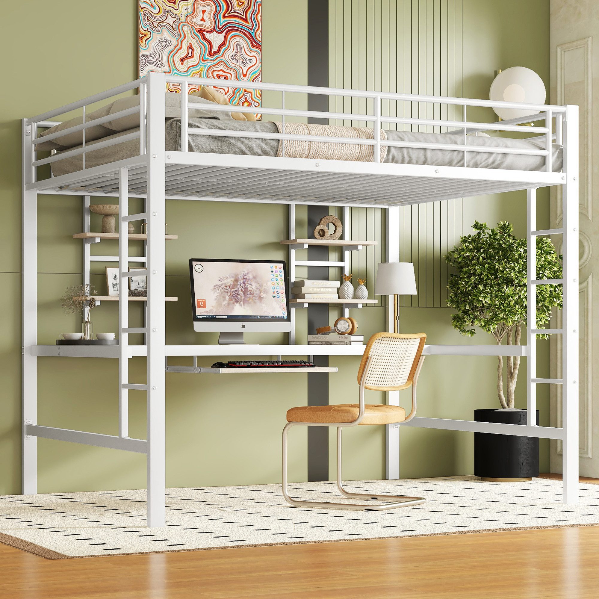 SOFTWEARY Hochbett mit Schreibtisch, Regal, Rausfallschutz und Lattenrost (140x200 cm) Metallbett, Kinderbett, Jugendbett – Bild 4 von 5