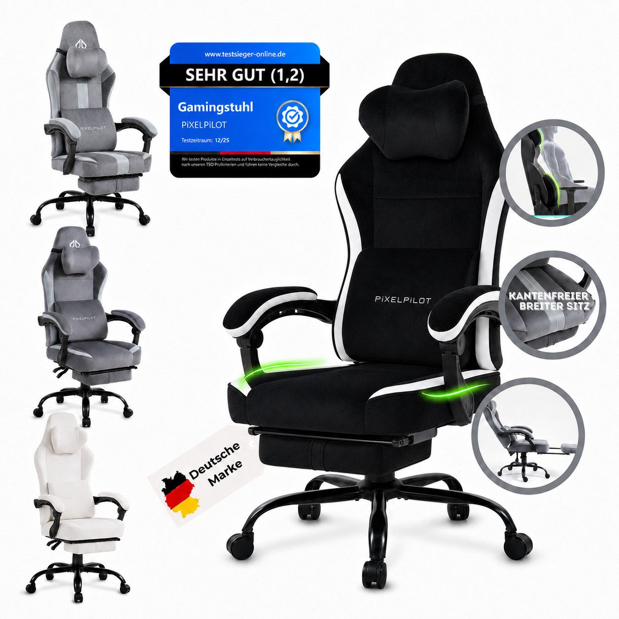 PixelPilot Gaming-Stuhl Ergonomischer Gaming-Stuhl, breite Sitzfläche, Fußstütze, bis 150 kg, Atmungsaktiver Stoff, Ergonomisches Design