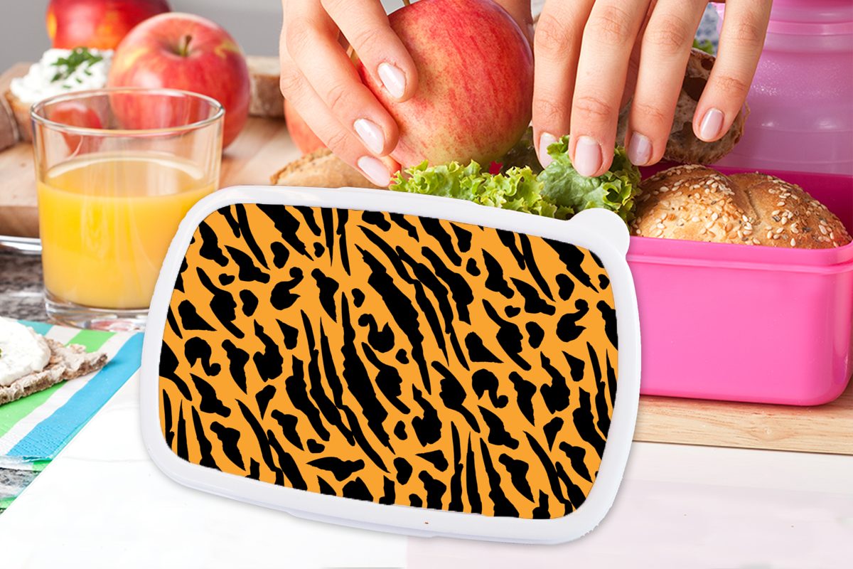 Mädchen, Kinder, - - Kunststoff, Snackbox, Haut rosa für MuchoWow Erwachsene, Tigerdruck, Brotdose Brotbox Kunststoff Lunchbox Muster (2-tlg),