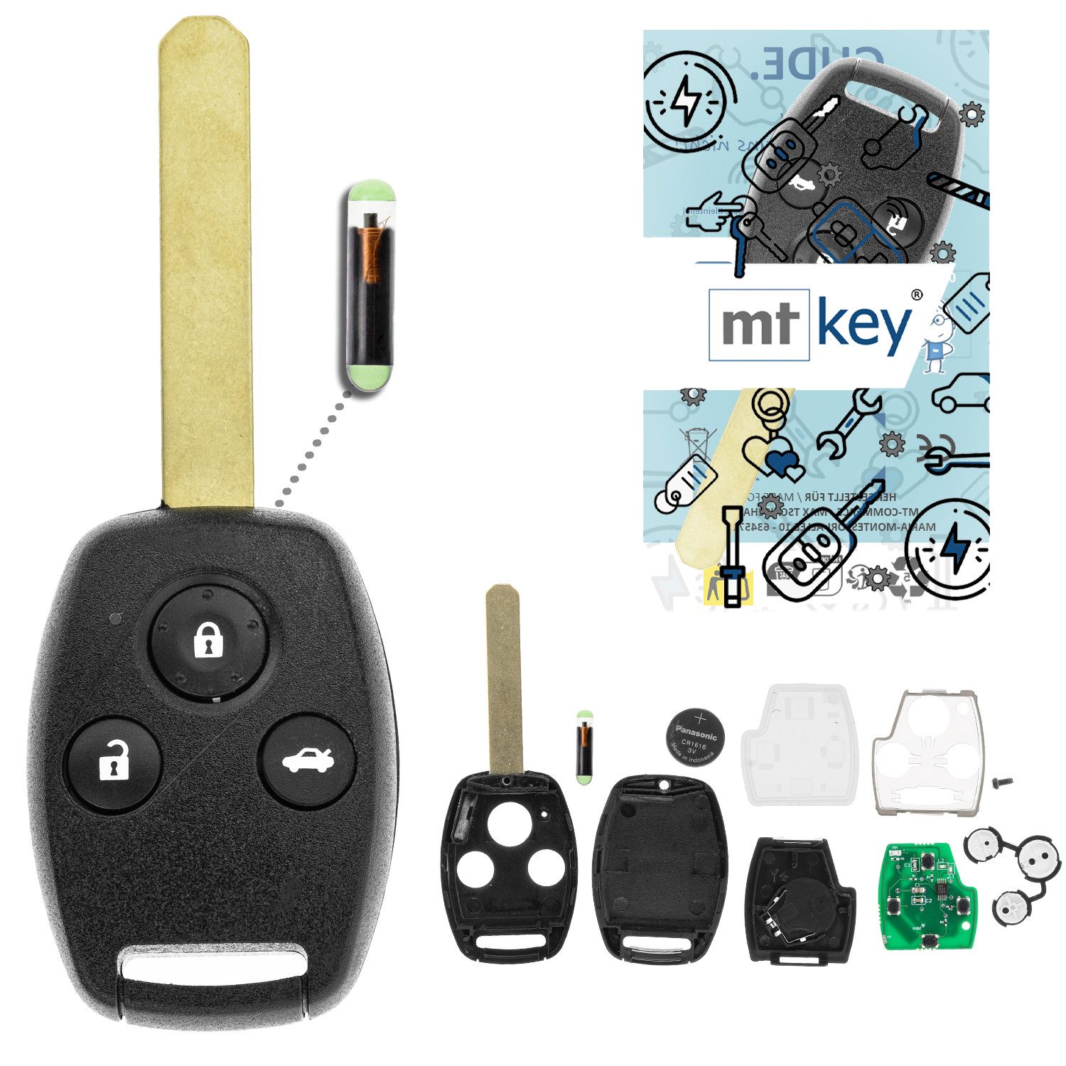 mt-key Schlüsseltasche Auto Funk Schlüssel Fernbedienung ID48 HON66 (Set), für Honda Accord (VII, 03–05); Civic (EP/EM/ES VII, 03–05); CR-V (