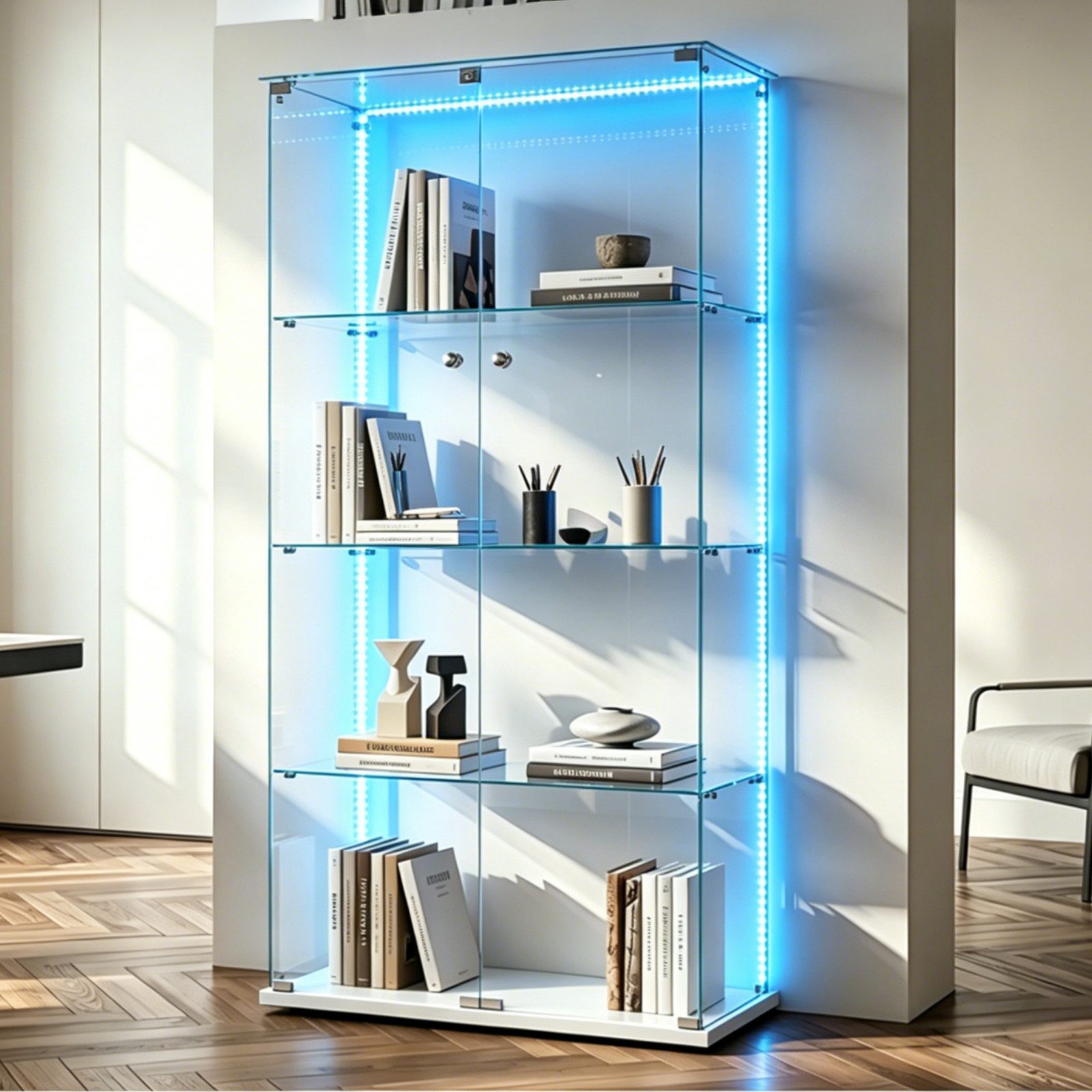 Simurq Glasvitrine Standvitrinen mit LED Beleuchtung Vitrinenschrank mit Glastür (glas vitrine mit 2 Glastür und 4 Lagen,Schloss,Kippsicherung) Sammlervitrine aus gehärtetes Glas,Modernes rahmenloses Design