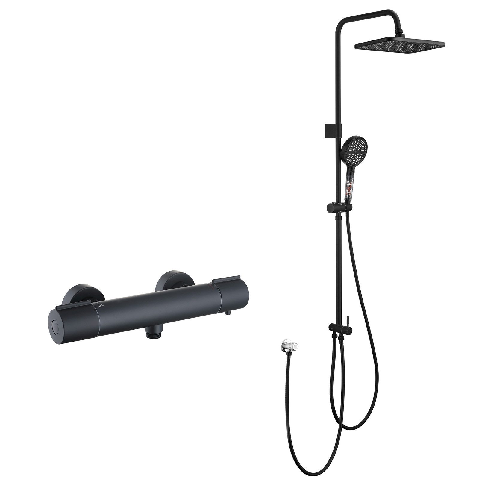 HOMELODY Duschsystem mit Regendusche 30×20 cm, Aufputz Thermostatarmatur, Handbrause, 2 Strahlart(en), Schwarz Duschsystem, 38°C Sicherheitssperre, Thermostat, verstellbar