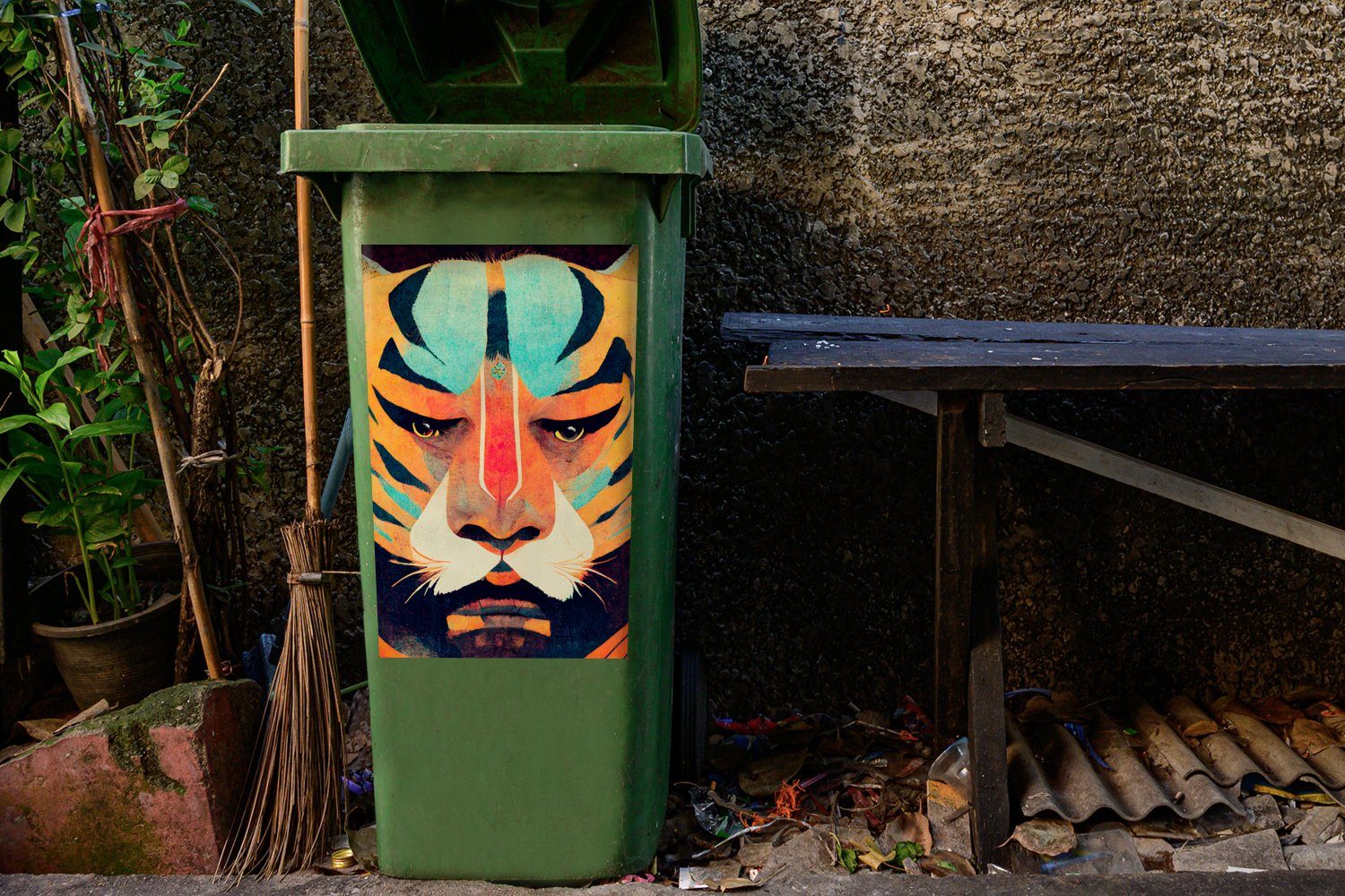 - - Mülleimer-aufkleber, MuchoWow Porträt - (1 Sticker, Abfalbehälter St), Mülltonne, Tiere - Abstrakt Wandsticker Tiger Container, Kunst