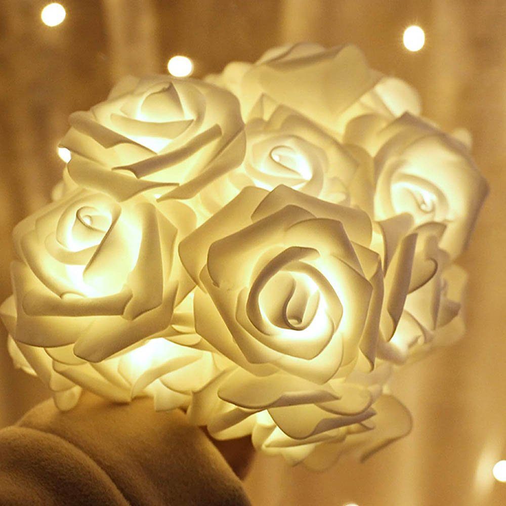 MUPOO Girlande,Kunstblume Rose,LED Rose für Garten LED-Lichterkette Nachtlicht Party Weihnachten,Blumengirlande LED 3M Warmweiß,Batterie, Dekolicht 20LEDs