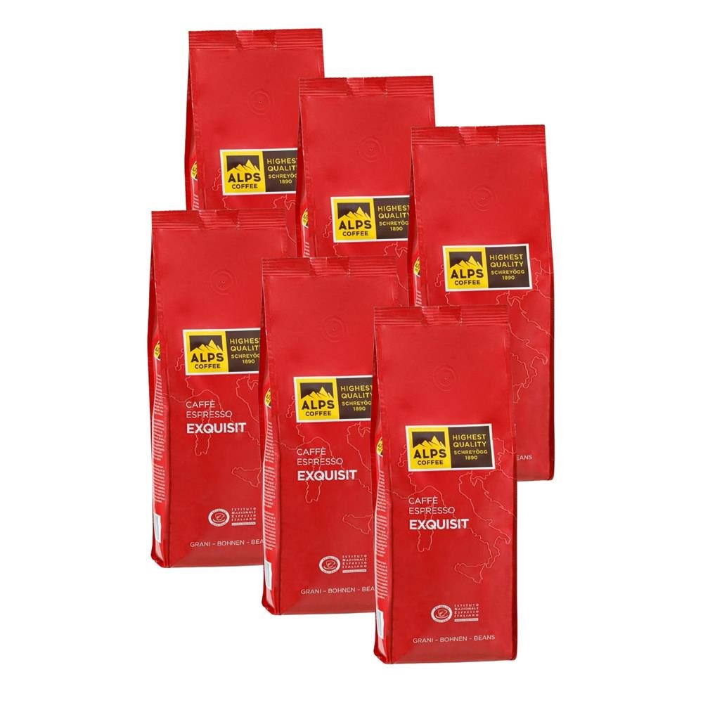 Alps Coffee Kaffee Caffé Espresso Exquisit Kaffeebohnen Arabica Schreyögg, 6 x 1000 g, kräftig und aromatisch