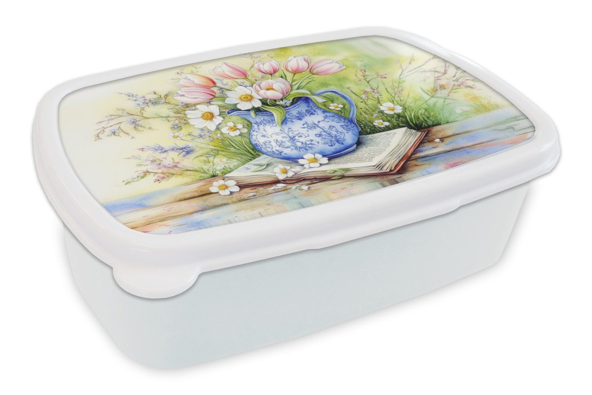 MuchoWow Lunchbox Vase - Delfter Blau - Gänseblümchen, Kunststoff, (2-tlg), Brotdose Schule oder Arbeit, Brotbox für Kinder und Erwachsene