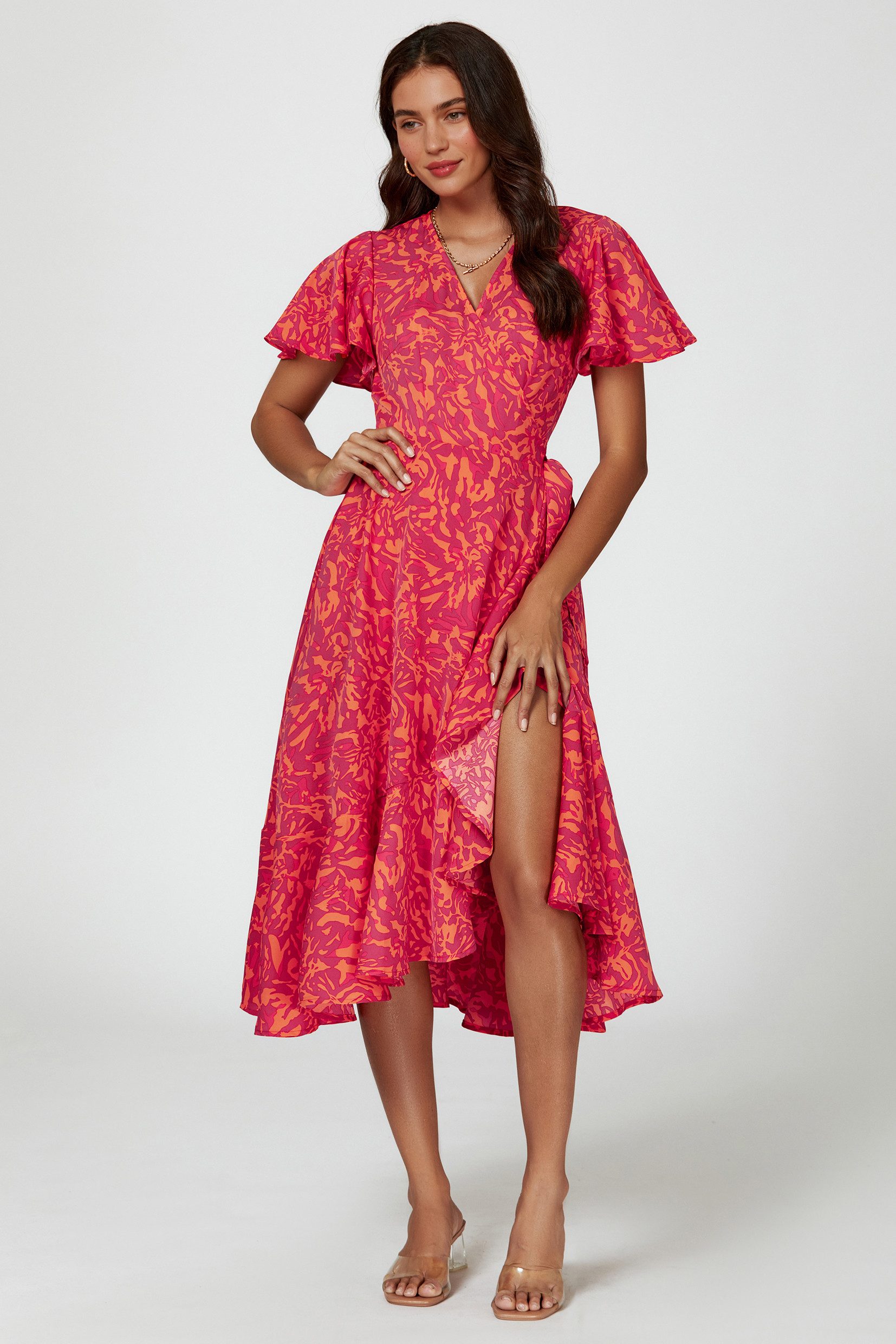 FS Collection Wickelkleid Damen Midi-Wickelkleid V-Ausschnitt mit Blumenmus günstig online kaufen