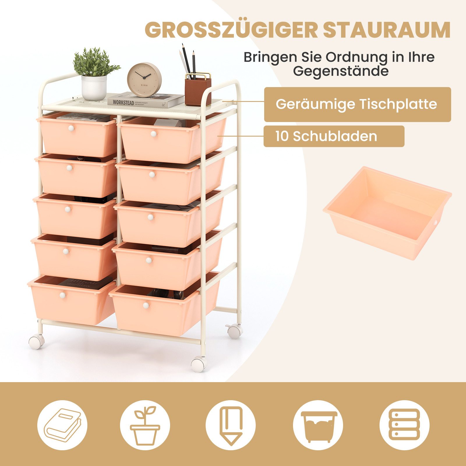 COSTWAY Rollwagen, mit 10 stapelbaren Schubladen&Ablage, Metall, 65,5x37x87cm