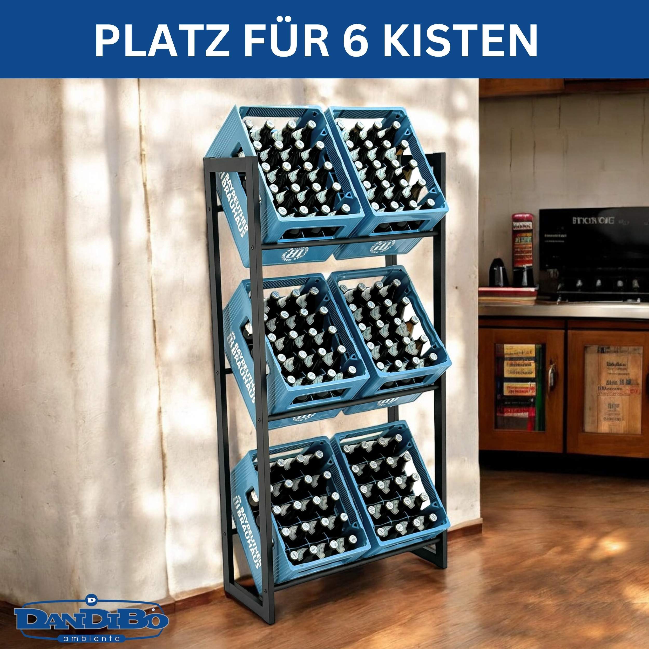 DanDiBo Standregal Bierkistenregal 6 Kisten Schwarz Metall Stehend 96563 71 cm, 3 Etagen, Platzsparend, Multifunktionell