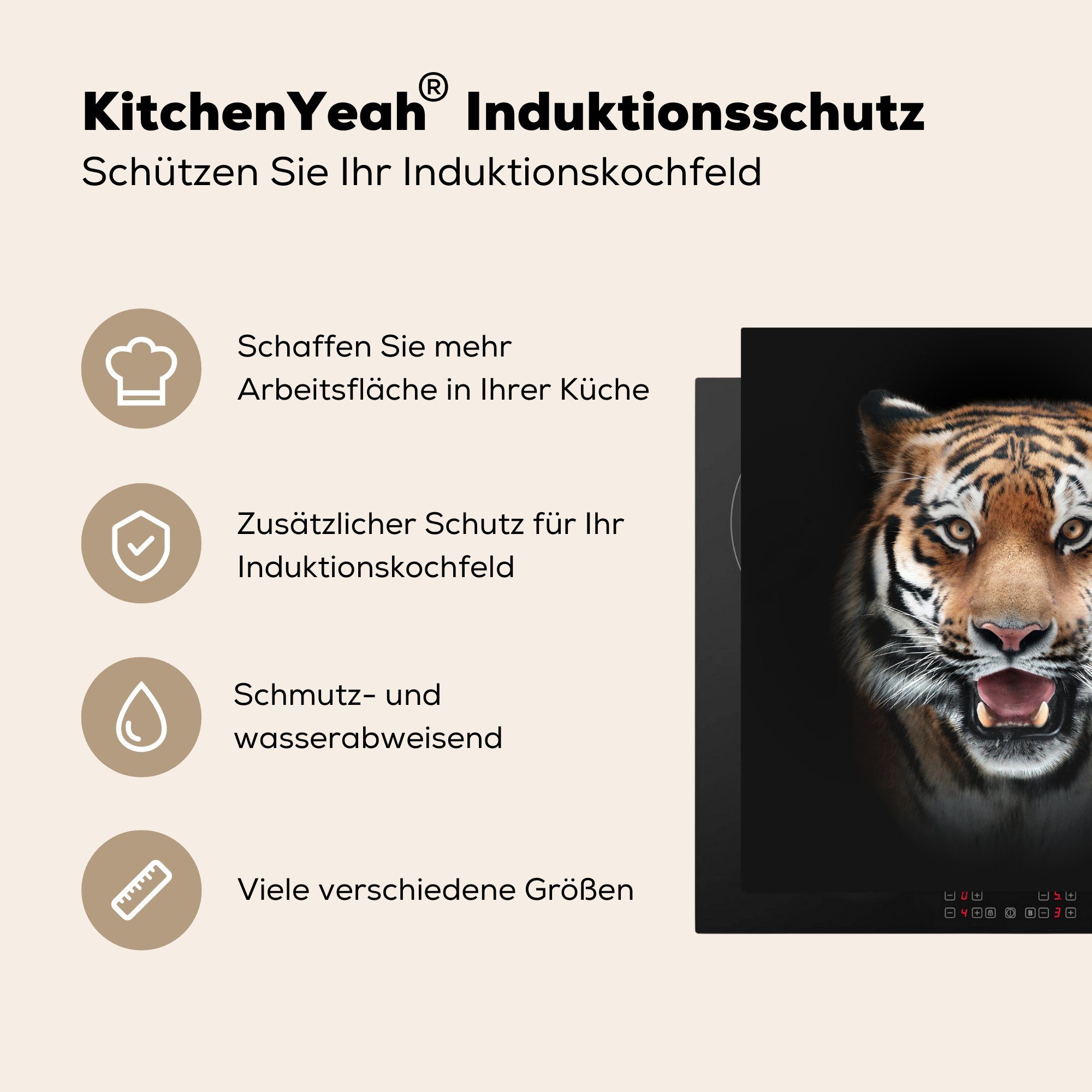 MuchoWow Herdblende-/Abdeckplatte Tiger - Porträt cm, - Arbeitsplatte küche Vinyl, 78x78 (1 tlg), Tier, für Ceranfeldabdeckung