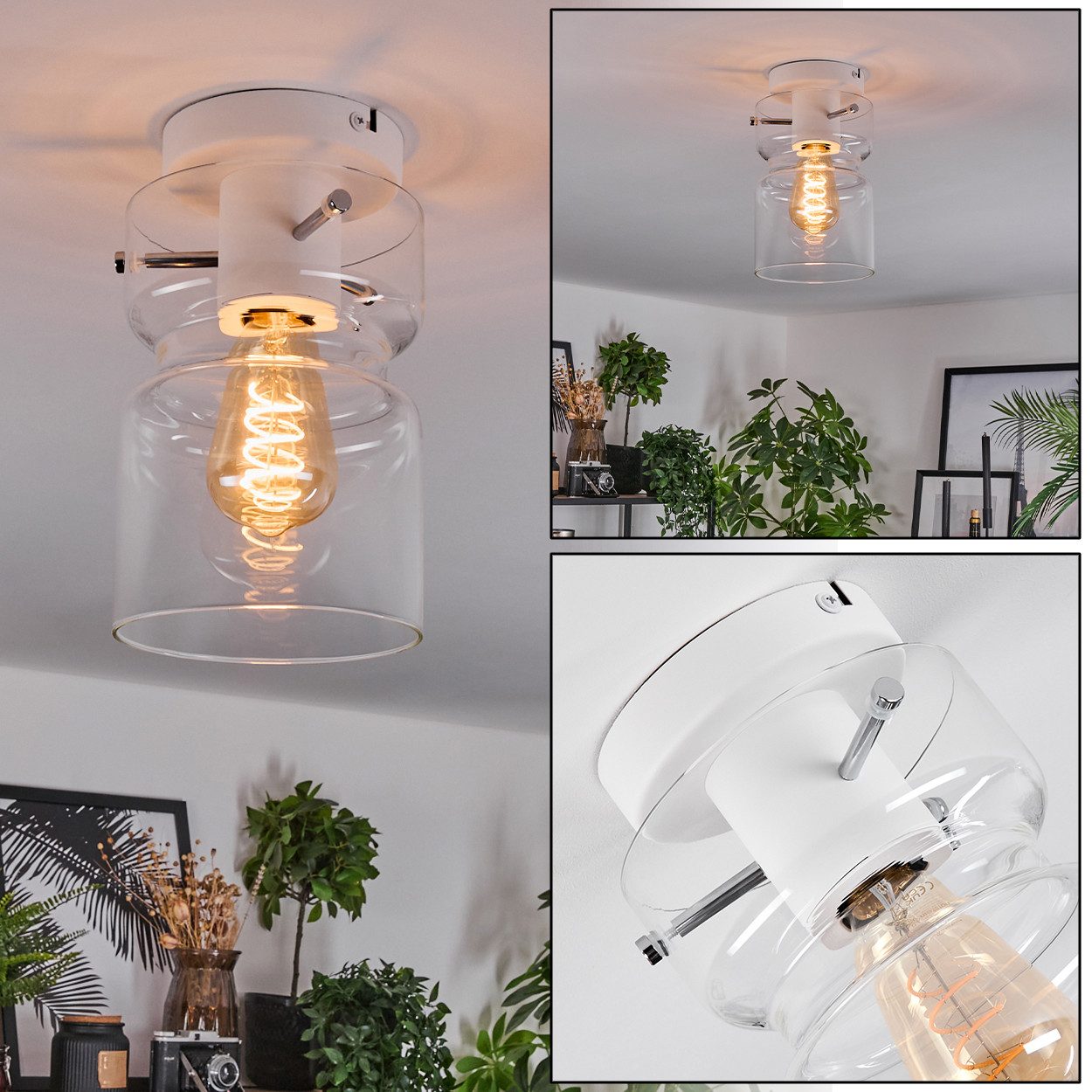 hofstein Deckenleuchte Deckenlampe aus Metall/Glas in Weiß/Klar, ohne Leuchtmittel, moderne Leuchte im Retro/Vintage-Design (Schirm Ø 15 cm), E27