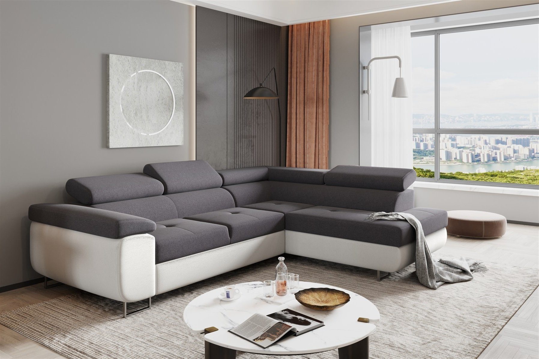 Fun Möbel Ecksofa Couchgarnitur JADE Weiß-Dunkelgrau Schlaffunktion Ottomane, 1 Teile, mit Schlaffunktion