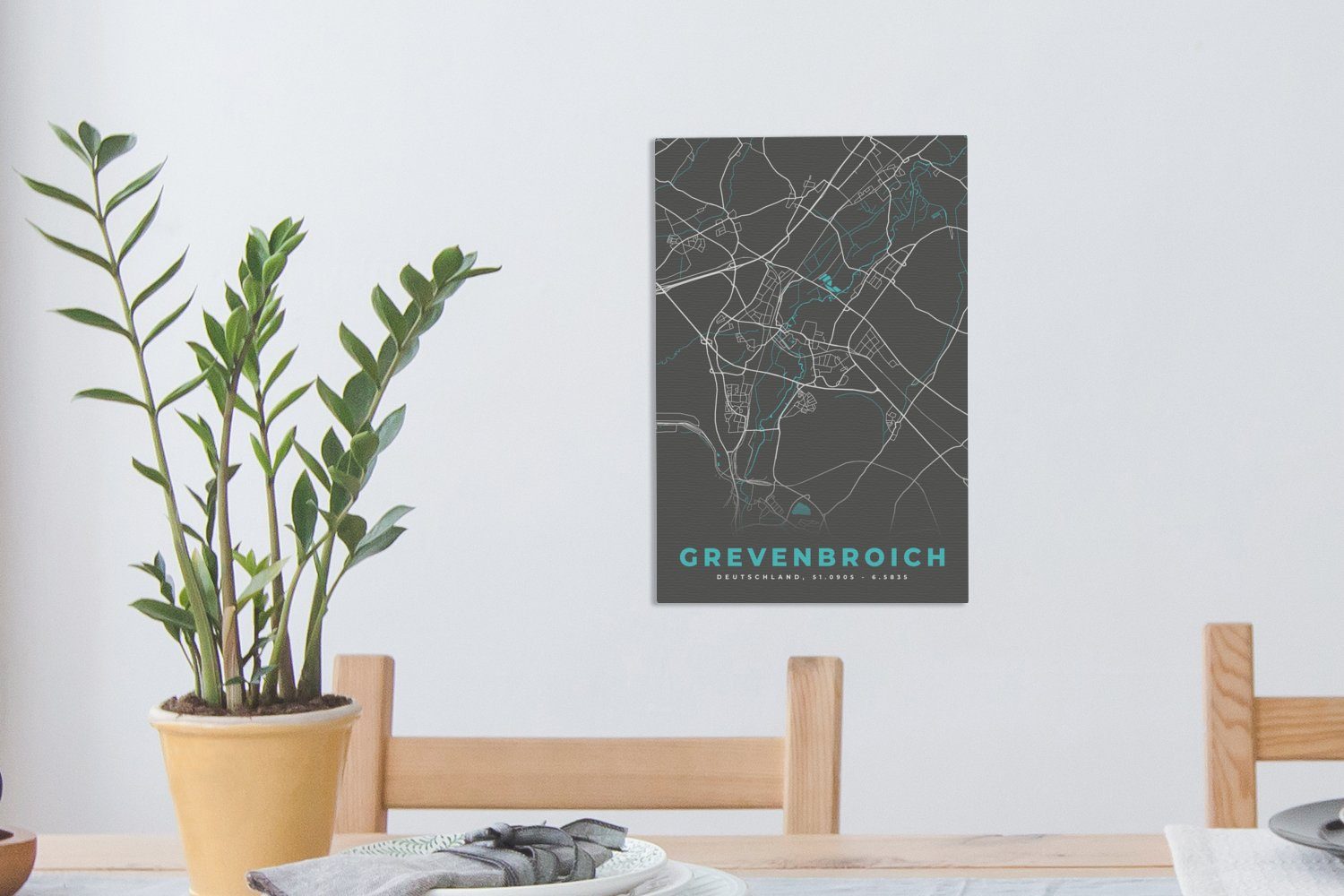 - Karte, - cm Leinwandbild bespannt 20x30 Grevenbroich inkl. Blau Zackenaufhänger, Gemälde, Leinwandbild (1 - St), - Karte Stadtplan Deutschland fertig OneMillionCanvasses® -