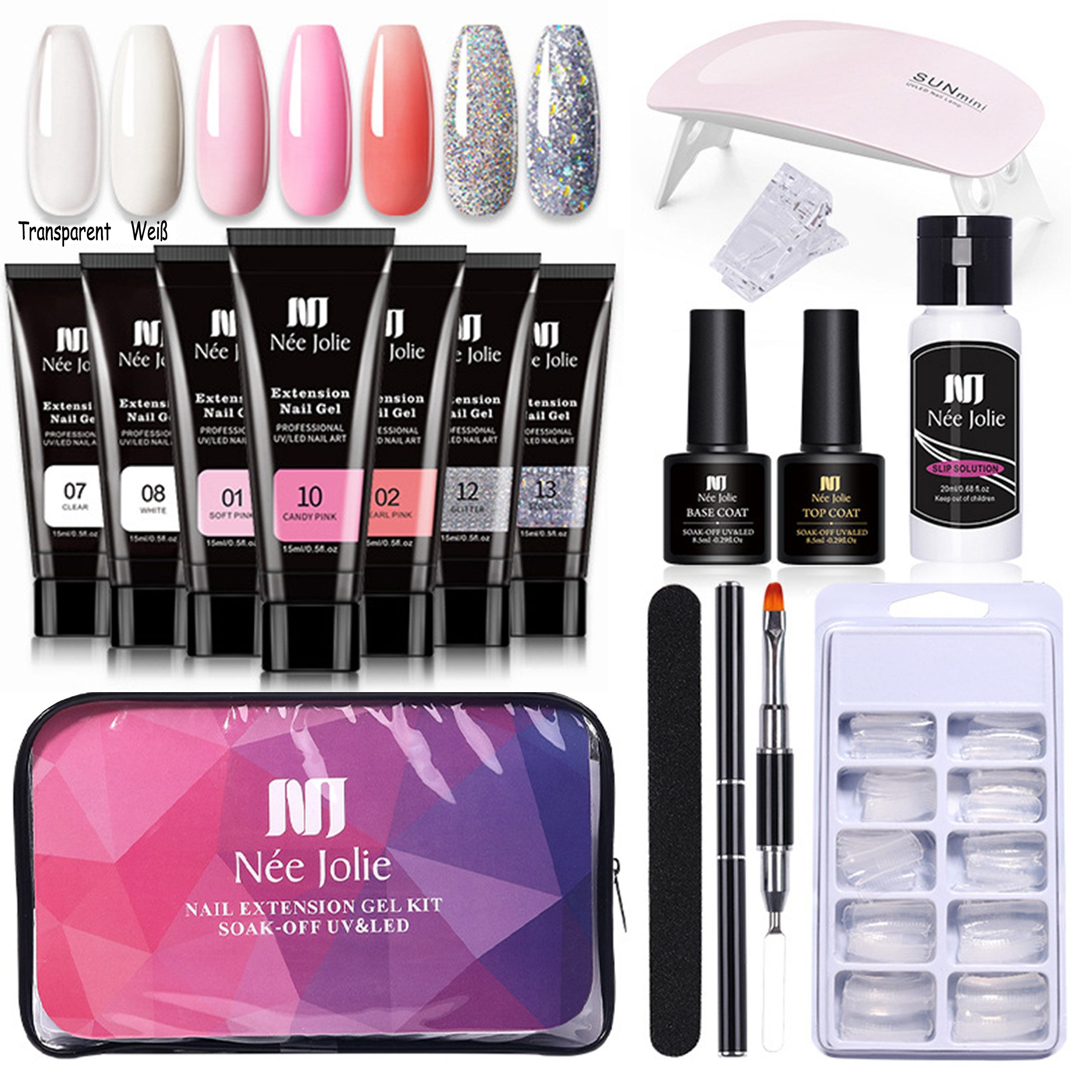 KINSI Lichthärtungsgerät Nagellack-Set 15ml 7 Farben Nagelverlängerung Set 16 Stück, Inclusief nagelwerkzeuge, nagellampen
