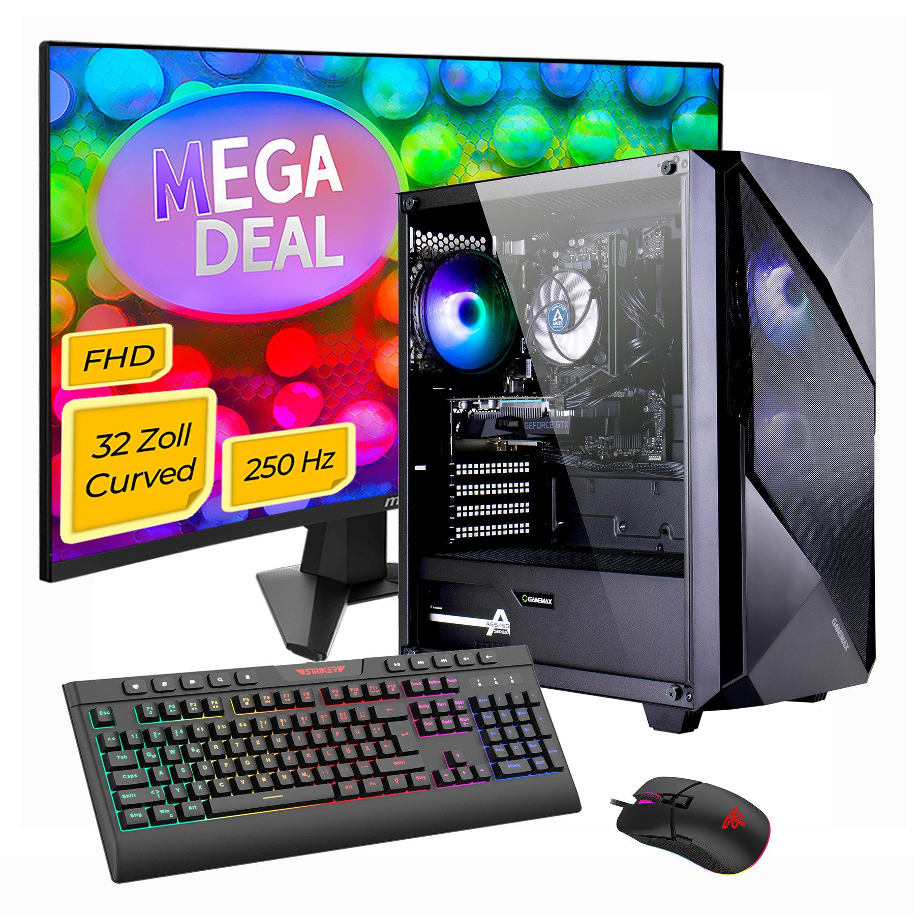 GAMEMAX MegaDeal Striker 2731 AMD Ryzen 7 5700X 16GB 1TB SSD RTX 5060 Gaming-PC-Komplettsystem (32", AMD Ryzen 7 5700X, RTX 5060, 16 GB RAM, 1000 GB SSD, Windows 11 + MSI MAG 32C6X Curved Monitor 80cm (32)