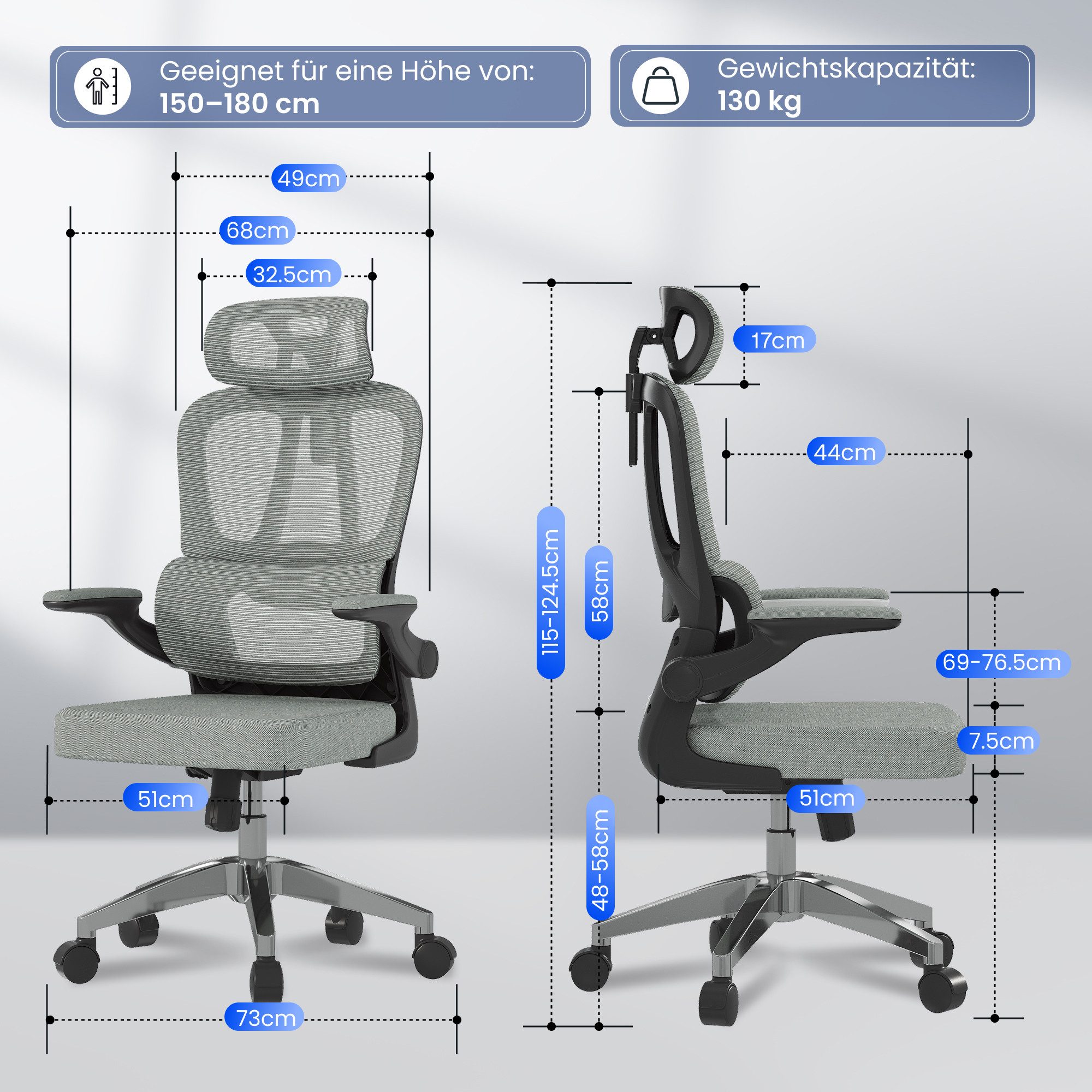 FLEXISPOT Bürostuhl Ergonomischer Schreibtischstuhl (mit 2D-Kopfstütze, Klappbare Armlehnen & Dynamische Lendenstütze), Stuhl mit 120° Wippfunktion für Homeoffice, Arbeitszimmer, Büro