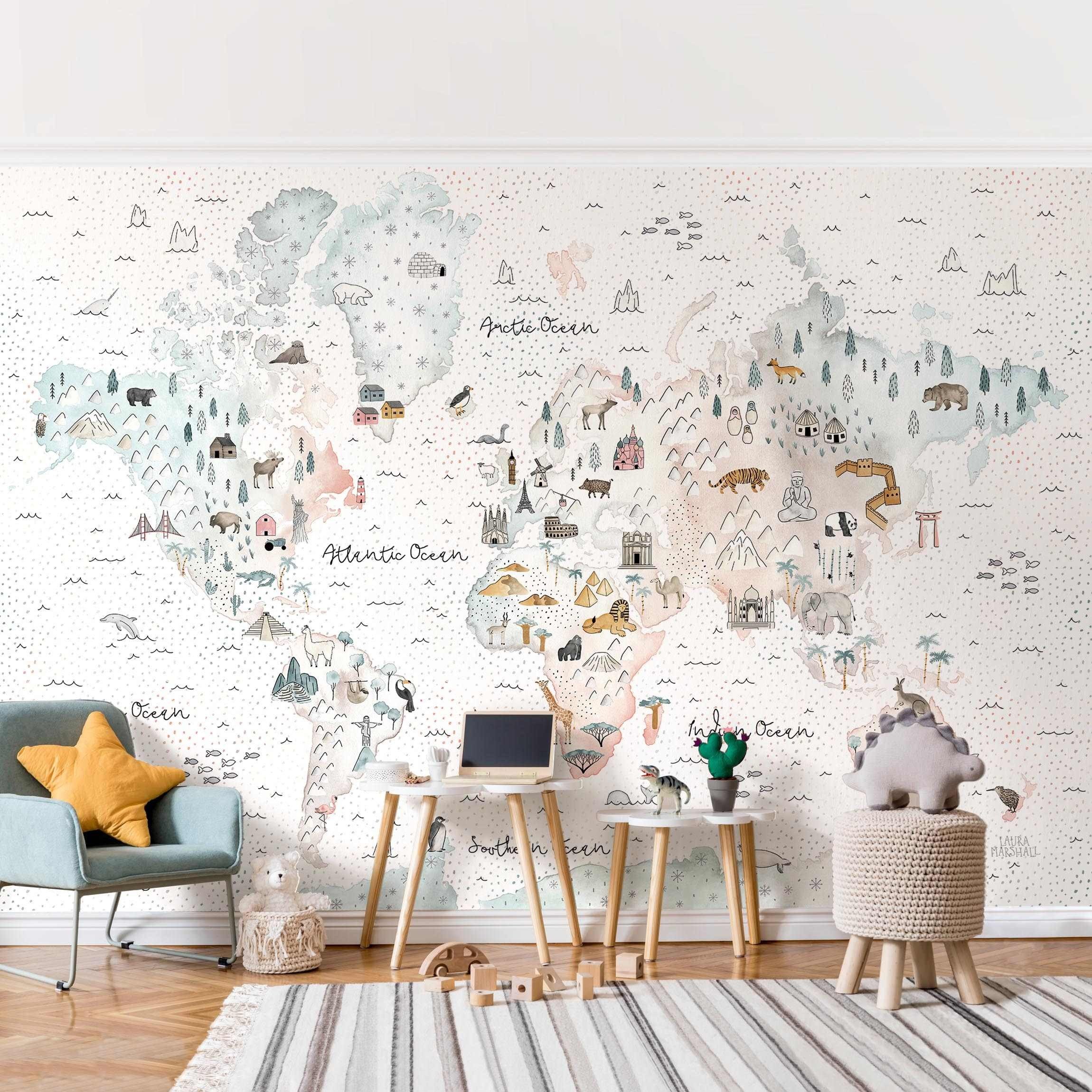 Bilderdepot24 Kindertapete Weltkarte Pastell Aquarell Kinder Kunst Tiere blau moderne Wanddeko, Glatt, Matt, (Vliestapete inkl. Kleister oder selbstklebend), Mädchenzimmer Jungenzimmer Babyzimmer Bildtapete Fototapete Wandtapete