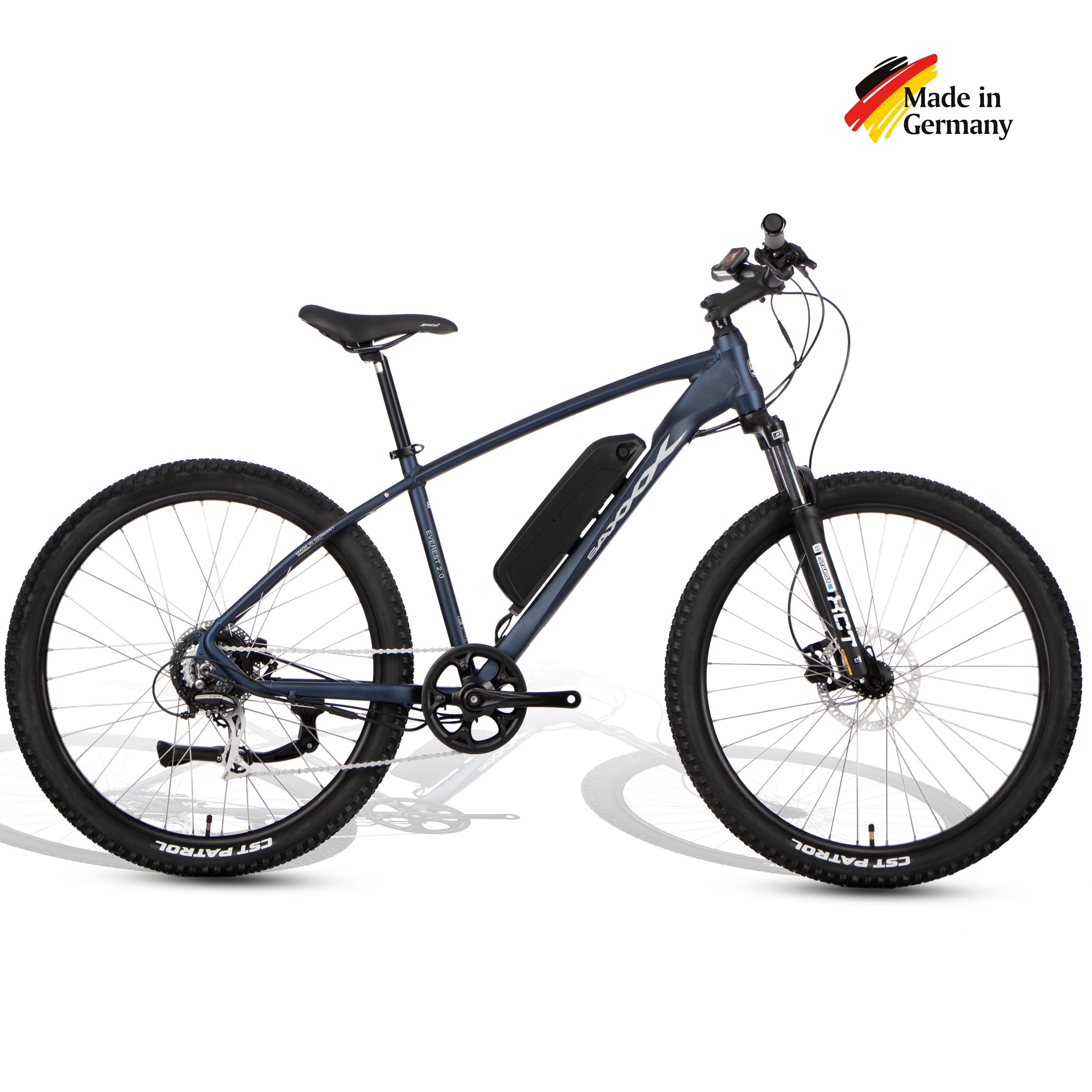 SAXXX E-Bike Mountainbike Damen Herren 28 Zoll, Everest 2.0, Cityrad Pedelec bis zu 35-90km, 7 Gang Shimano Acera Schaltwerk, Kettenschaltung, Hinterradmotor, 374 Wh, (Mit Akkuladegerät, Mit Schlüsselbatterie, Herausnehmbarer Akku), Pedelec mit Federgabel, E-Mountainbike, hydraulische Scheibenbremsen