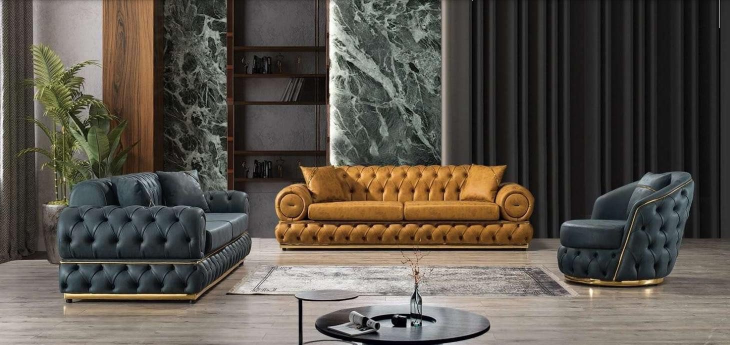 Polstergarnitur Hochwertige Chesterfield Wohnlandschaft 3+3+1 Sitzer Set Couch Sessel