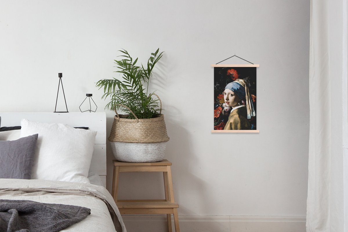 MuchoWow St), für Wohnzimmer, - - - Posterleiste, Johannes Poster Vermeer Bilderleiste, (1 Mädchen Blumen mit Textilposter Magnetisch Perlenohrring Rot,