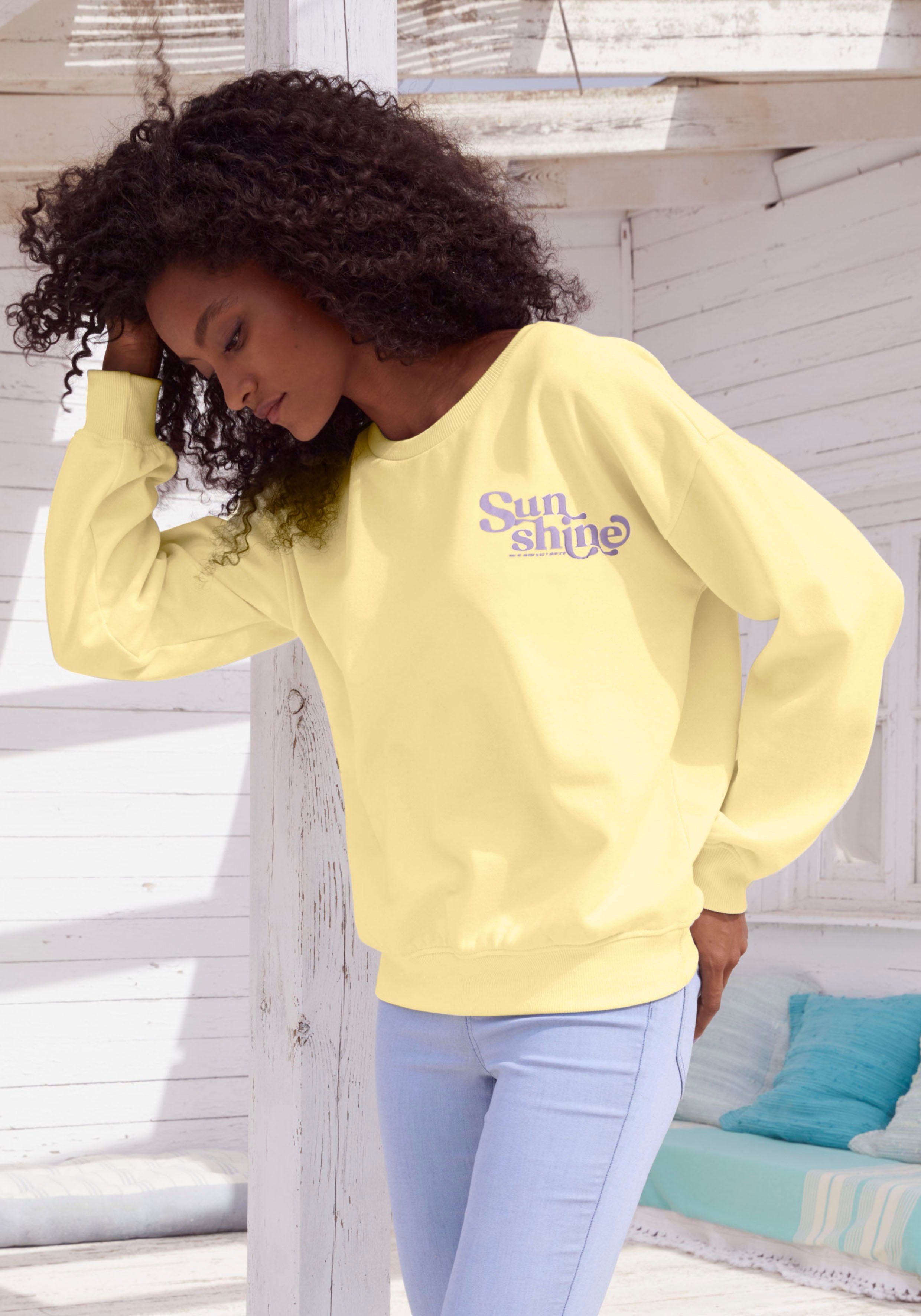 Buffalo Sweatshirt mit Rippbündchen Sunshine Druck, und gelb Loungeanzug