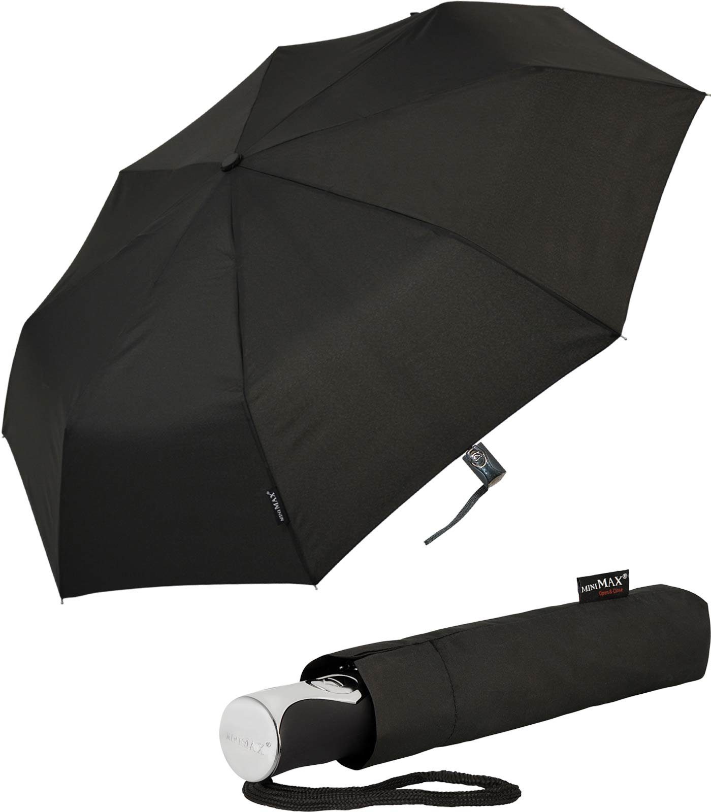 Impliva Taschenregenschirm miniMAX® mit Auf-Zu-Automatik windsicher uni, der zuverlässige Begleiter schwarz