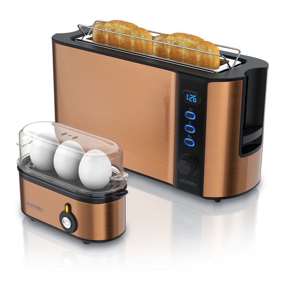 Arendo Frühstücks-Set 2-Scheiben Langschlitz Toaster, 3er Eierkocher, Kupfer (2-tlg), Toaster: 6 Bräunungsgrade, Brötchenhalter, Eierkocher: 1-3 Eier