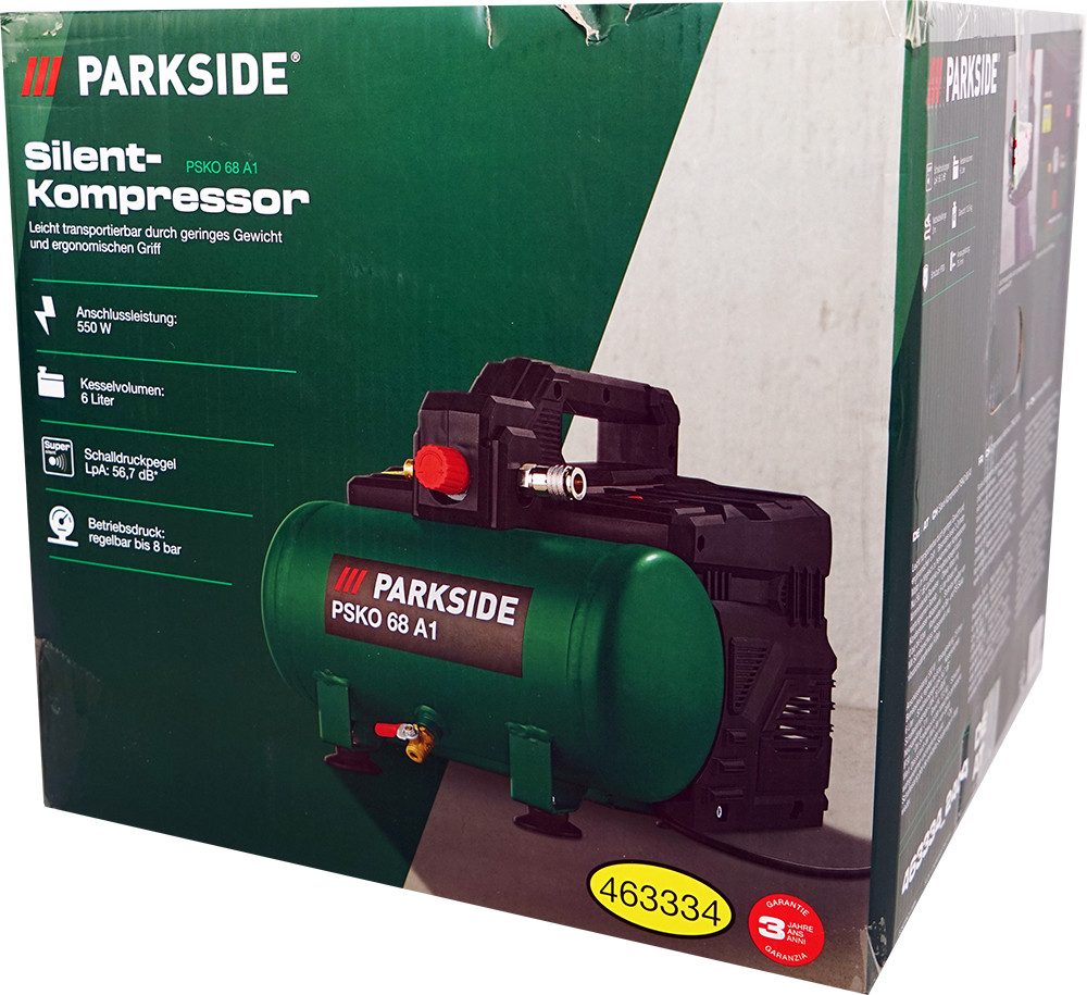 Parkside Kompressor Silent PSKO 68 tragbar 550W, 550 W, max. 8 bar, Nur 56,7 dB Lautstärke (Schalldruckpegel)