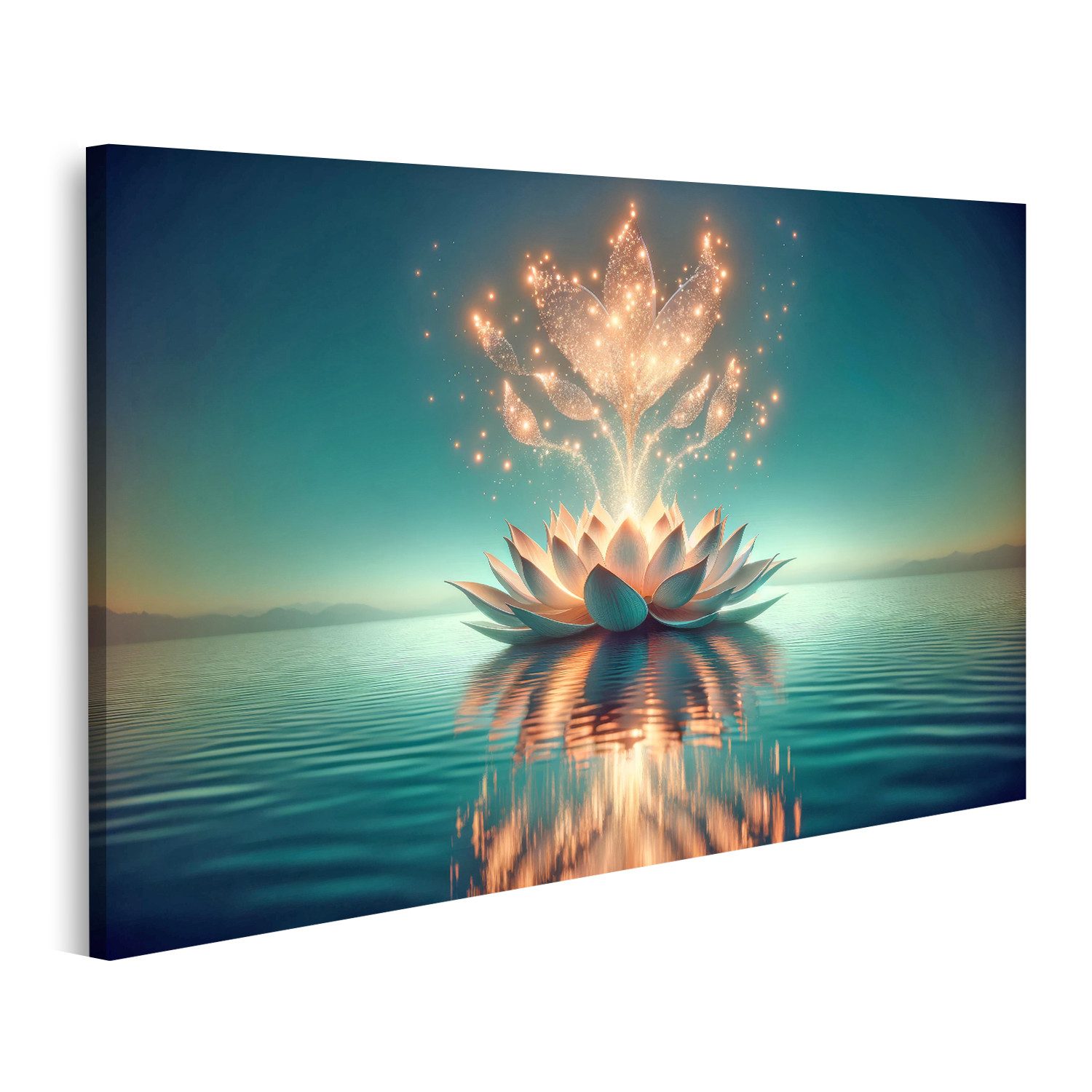 islandburner Leinwandbild Leuchtende Lotusblüte auf ruhigem Wasser Funkelnder Sternenb Bilder