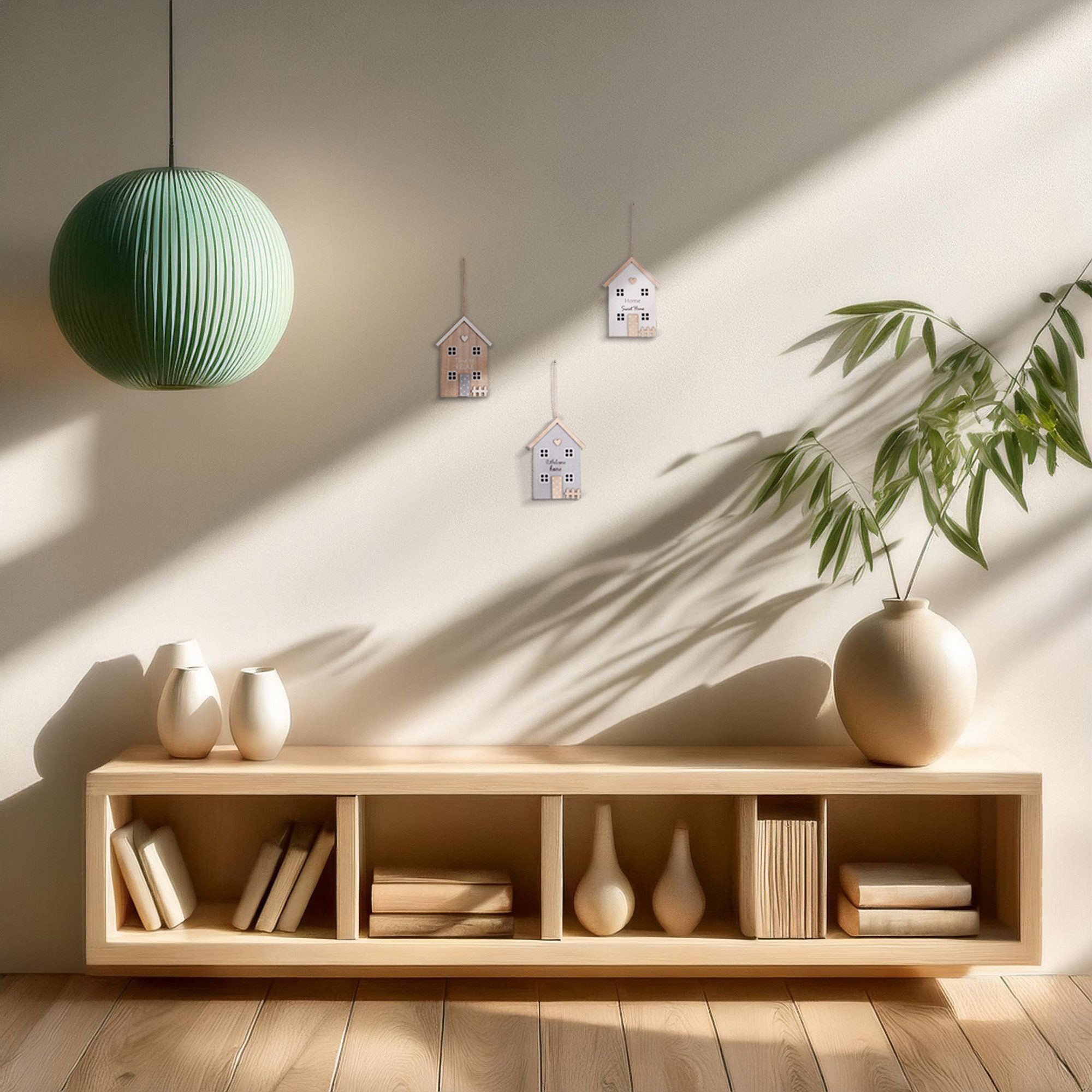 UNUS HOME Dekofigur Dekoaufhänger 3er Set (grau,weiß, natur), 3er-Set Holzaufhänger, Häuseroptik, Jutekordel, vielseitig dekorativ. – Bild 3 von 5