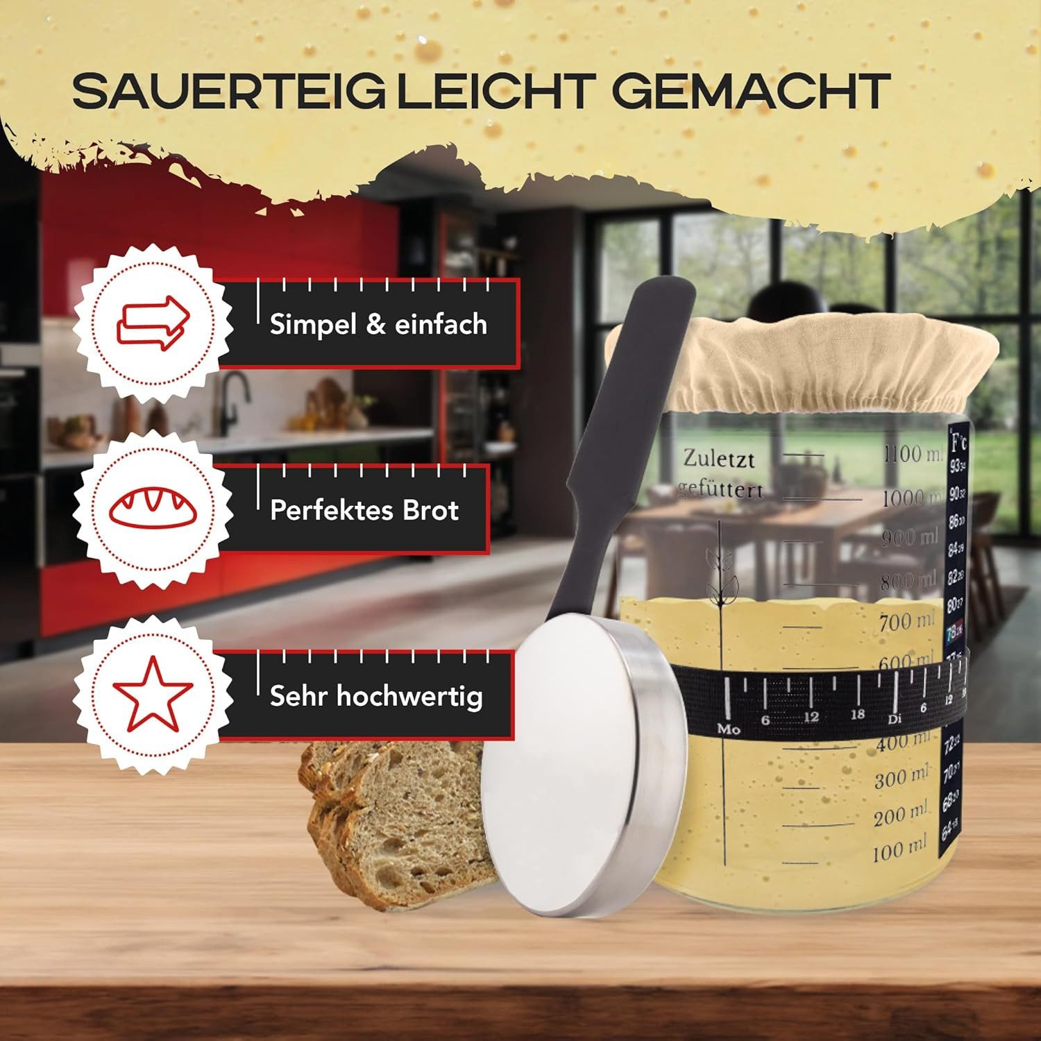 MEISTERZWECK4U Fermentationsglas Sauerteig Starter Set zum Brot backen - 1100ml Gärglas mit Thermometer, (7-teiliges Sauerteig Set für Fermentation und Brotback – Bild 2 von 5