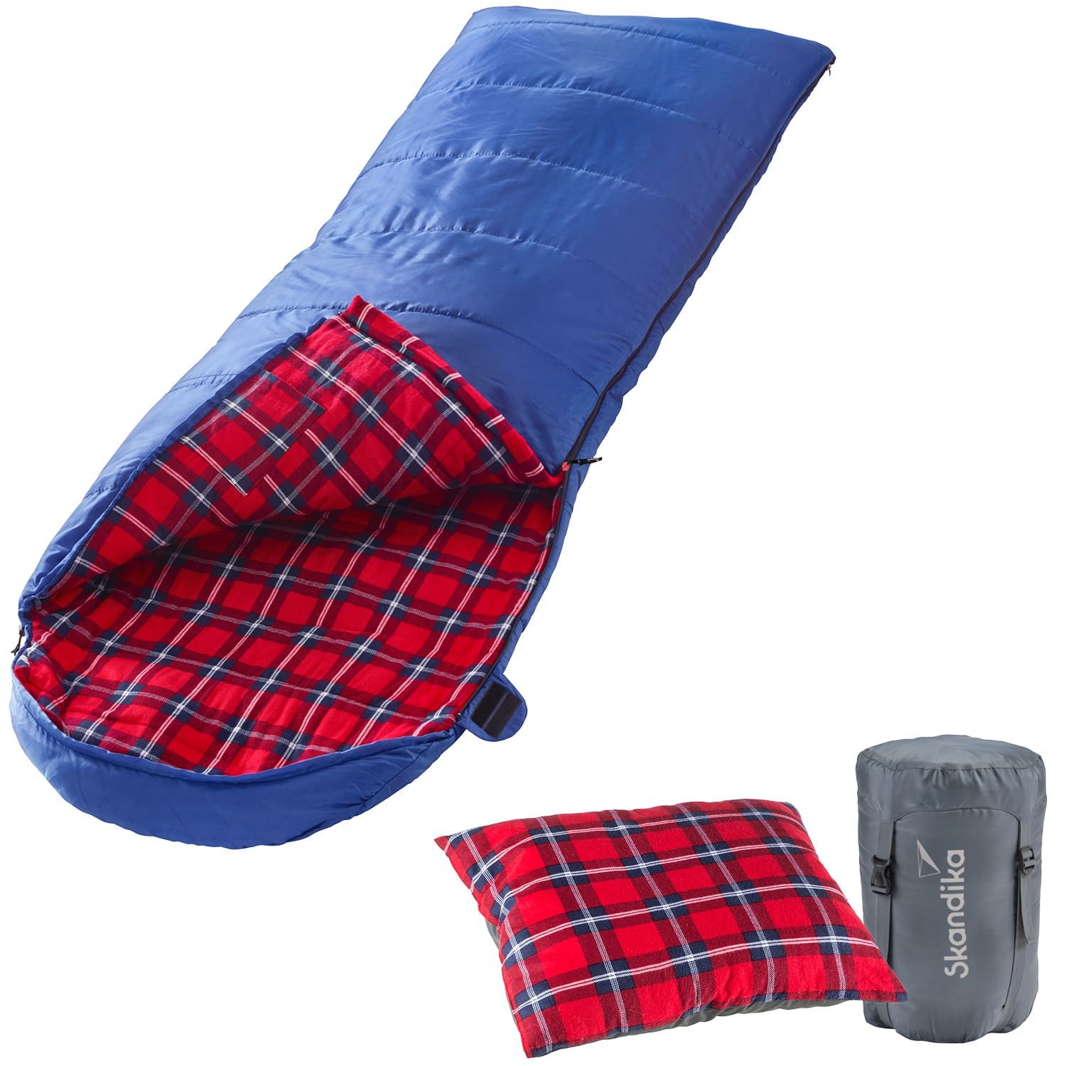 Skandika Deckenschlafsack Dundee Flanell + Kissen, Reißverschluss links, Baumwolle, Camping, koppelbar, Doppelschlafsack, 3 Jahreszeiten, Erwachsene, 220 x 80 cm