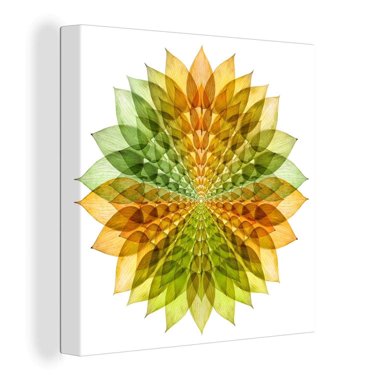 OneMillionCanvasses® Leinwandbild Grünes und gelbes Mandala auf weißem Hintergrund, (1 St), Leinwand Bilder für Wohnzimmer Schlafzimmer