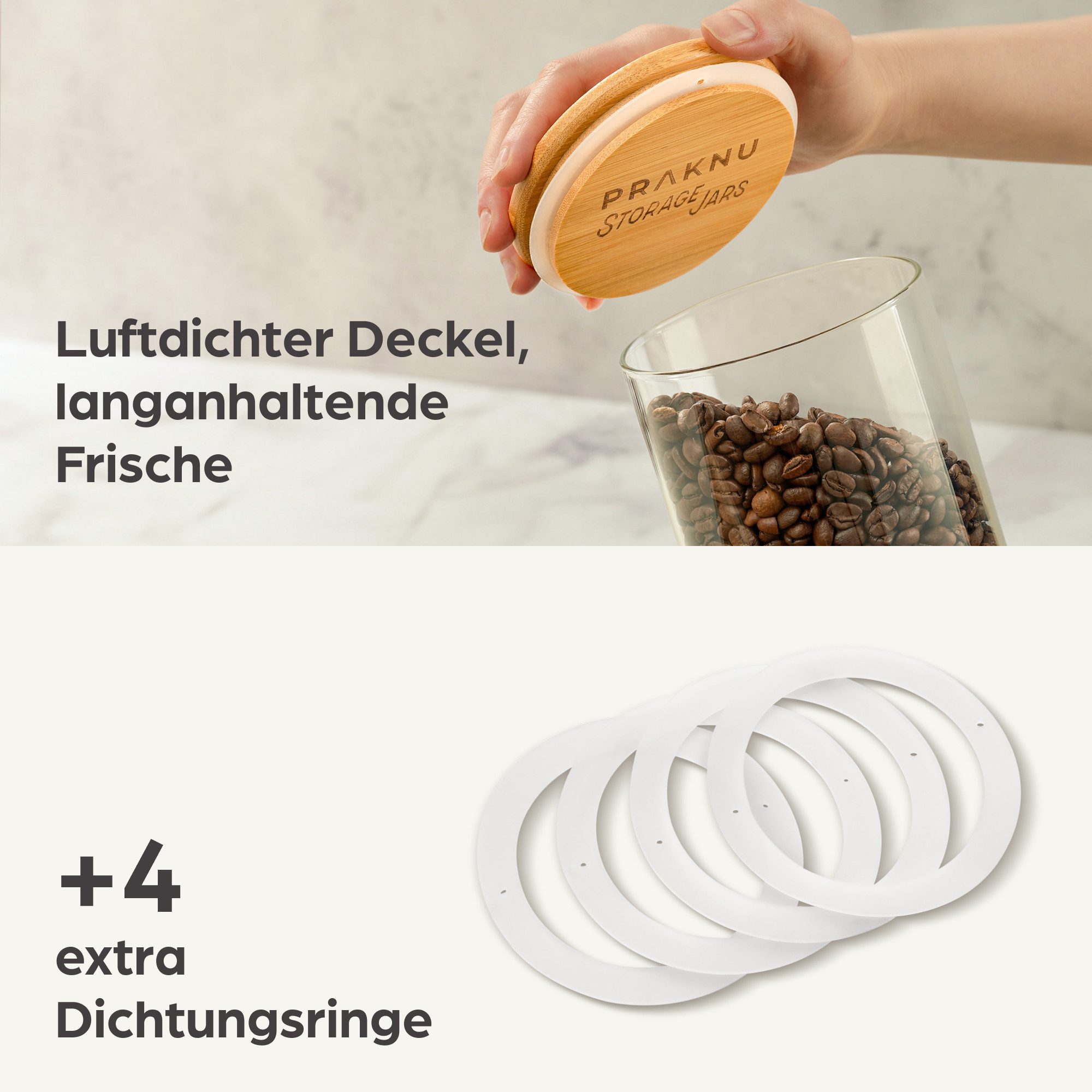 Praknu Vorratsglas Vorratsgläser mit Deckel Luftdicht - Vorratsdosen 4er Set, Glas, (Set, 4-tlg), 1,2L Groß Aufbewahrung Küche Lebensmittel aus Glas mit Bambusdeckel